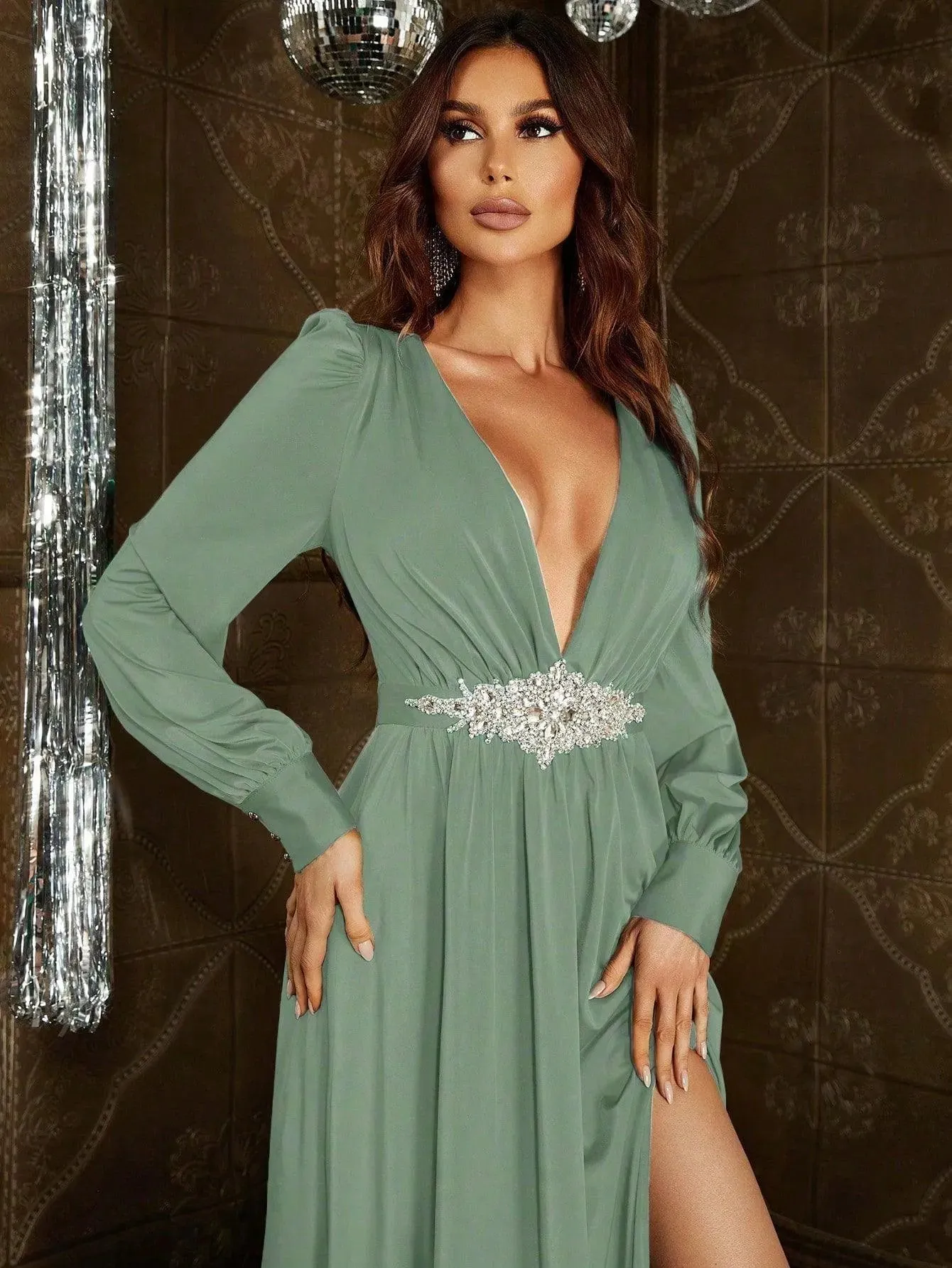 Elegant Plunging Neck Long Sleeves Slit Dresses