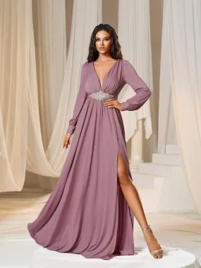 Elegant Plunging Neck Long Sleeves Slit Dresses