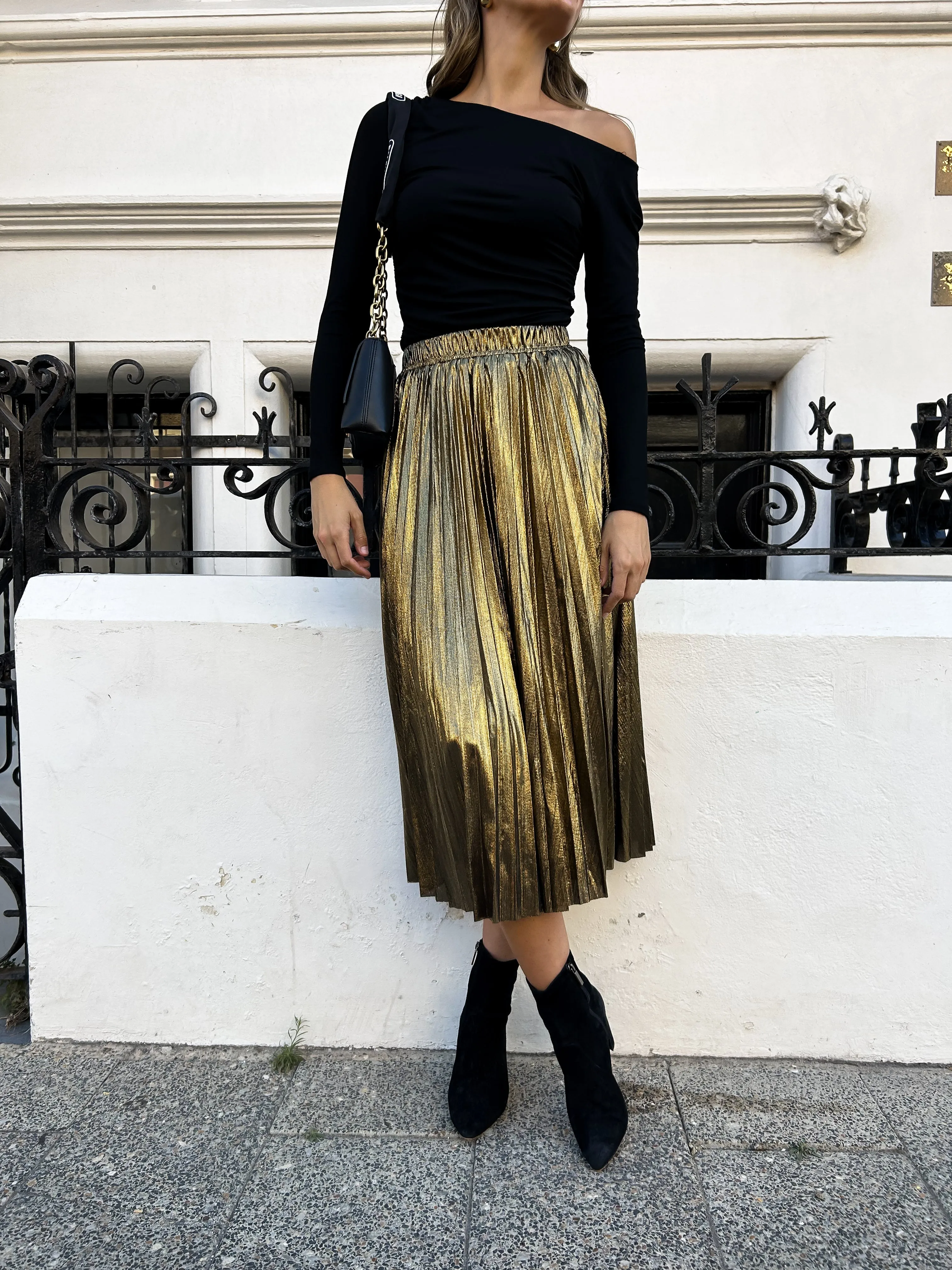 FARRAH Metallic Pleated Skirt - Vintage Gold