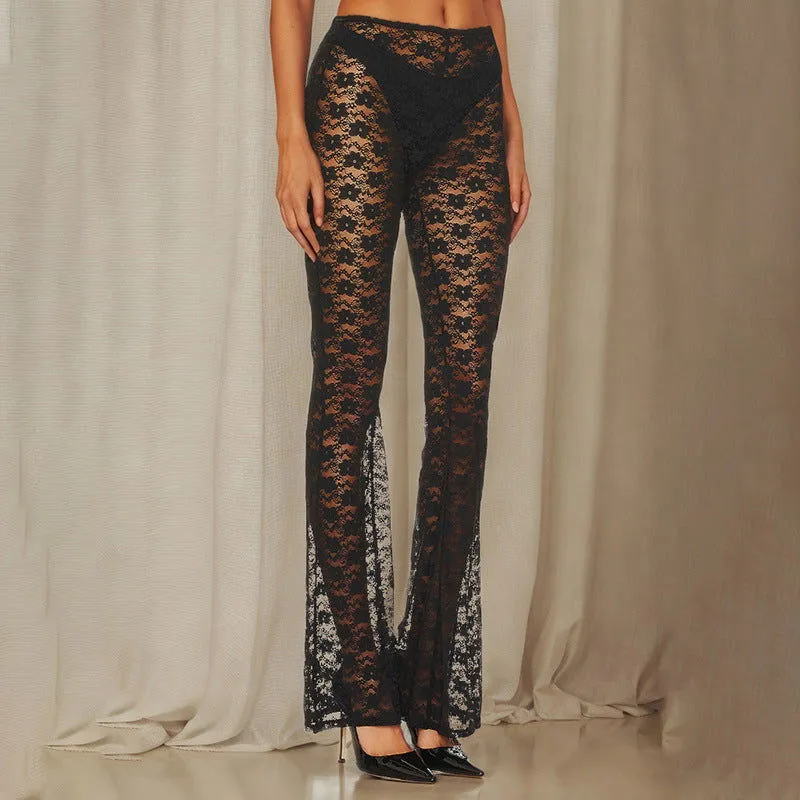 Flared Wide Leg Pants Small Floral Sexy Lace Pants High Elastic See through Casual Trousers