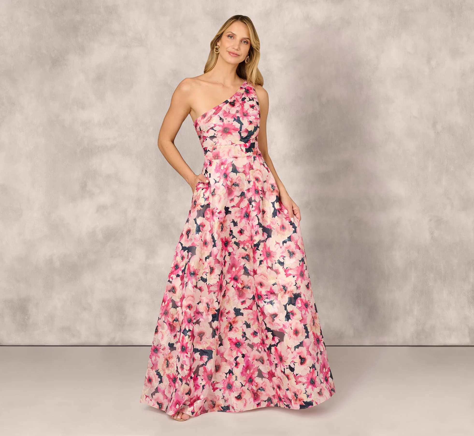 Floral Print Jacquard One Shoulder Ball Gown In Hot Pink Multi