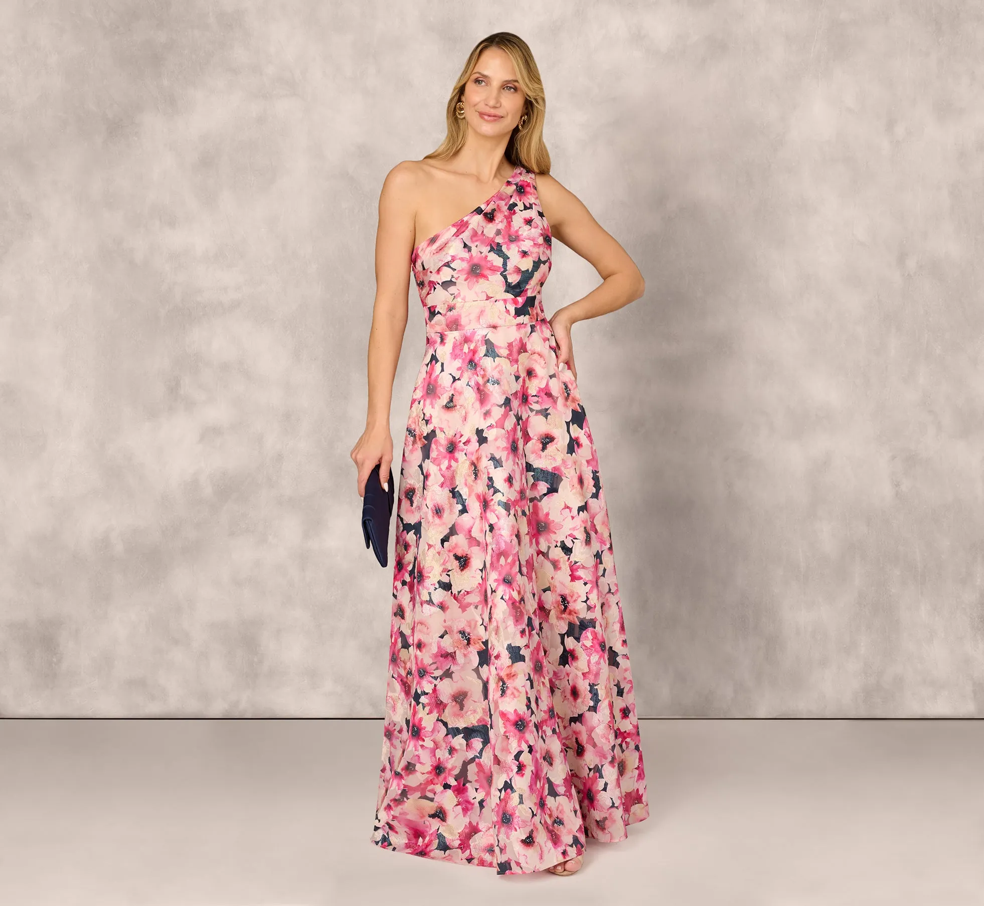 Floral Print Jacquard One Shoulder Ball Gown In Hot Pink Multi