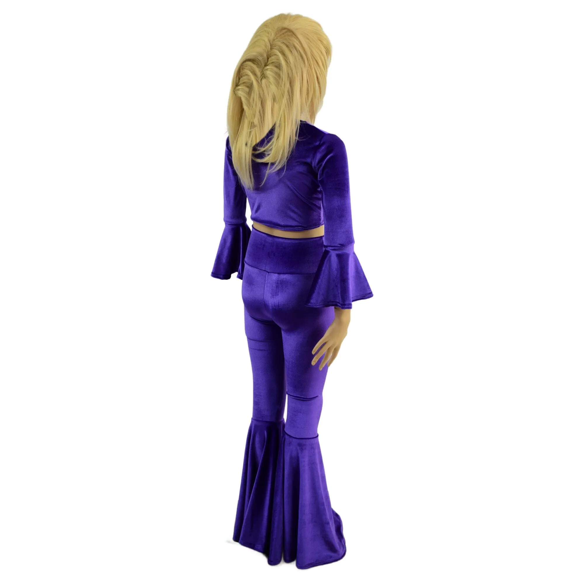 Girls Purple Velvet Trumpet Sleeve Crop  & Bell Bottom Flares Set