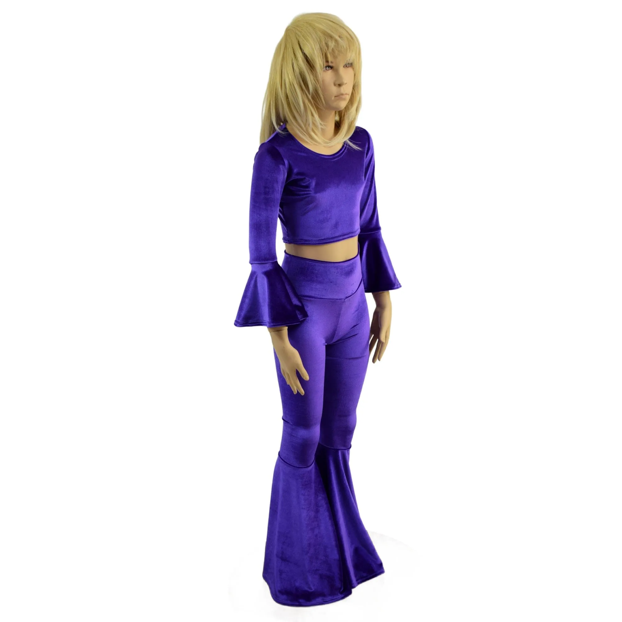 Girls Purple Velvet Trumpet Sleeve Crop  & Bell Bottom Flares Set