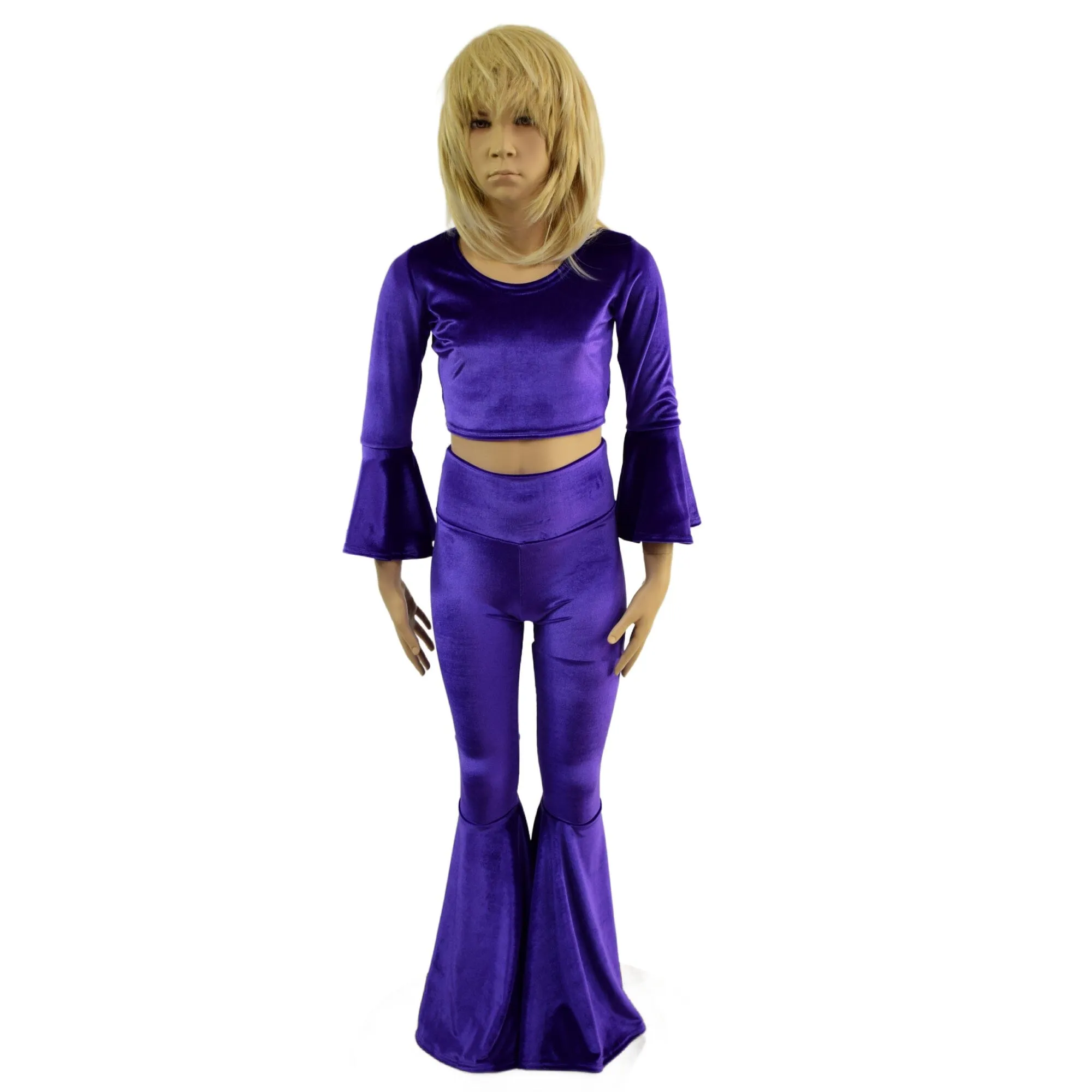 Girls Purple Velvet Trumpet Sleeve Crop  & Bell Bottom Flares Set