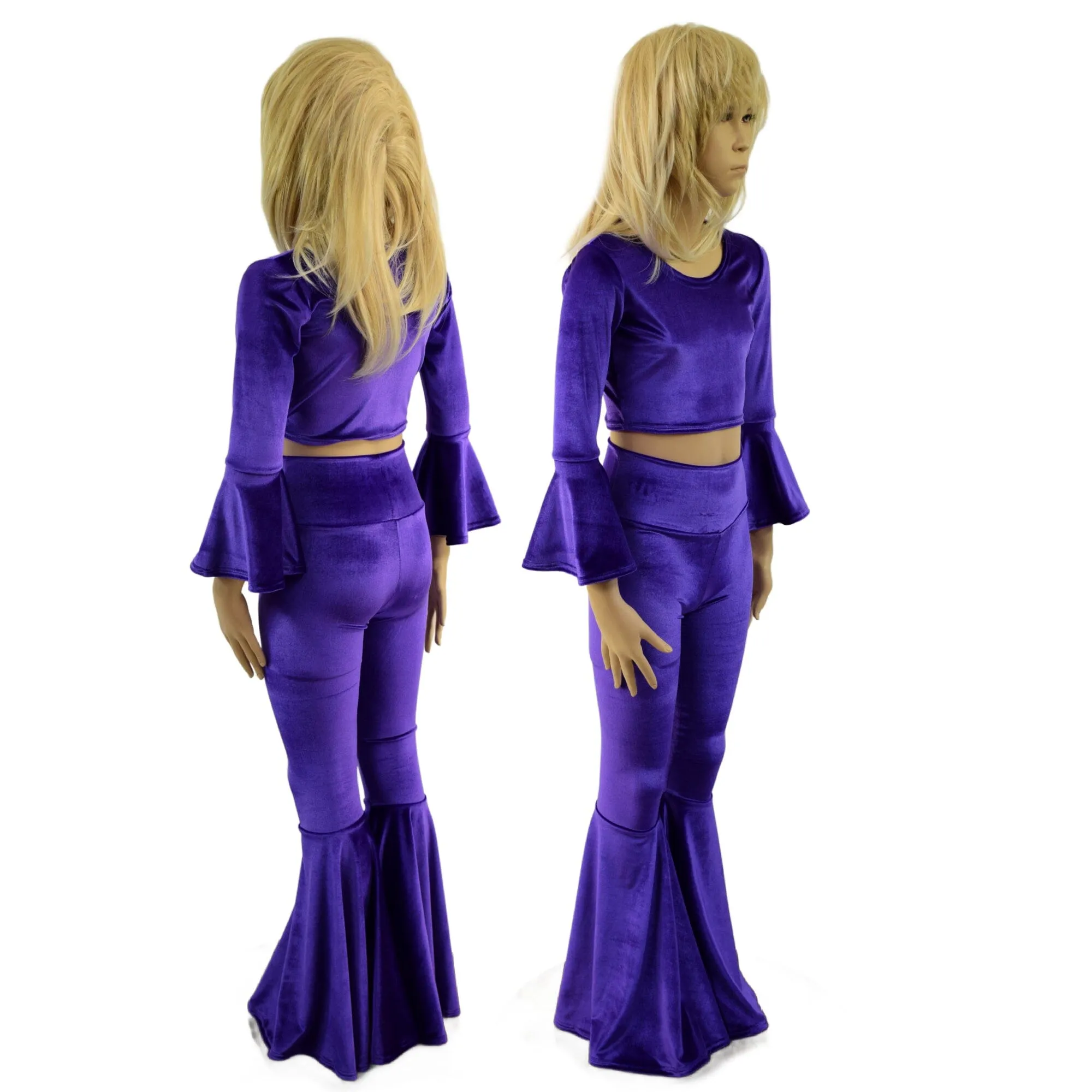 Girls Purple Velvet Trumpet Sleeve Crop  & Bell Bottom Flares Set