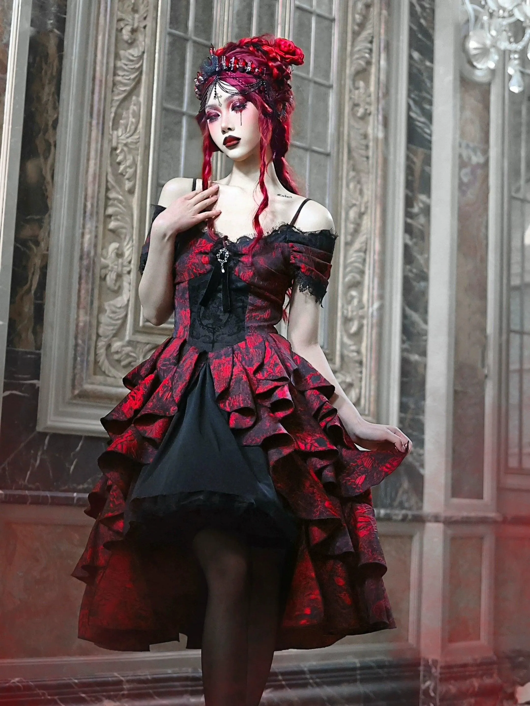 Gothic Victorian-Inspired Off-Shoulder Layered Dress