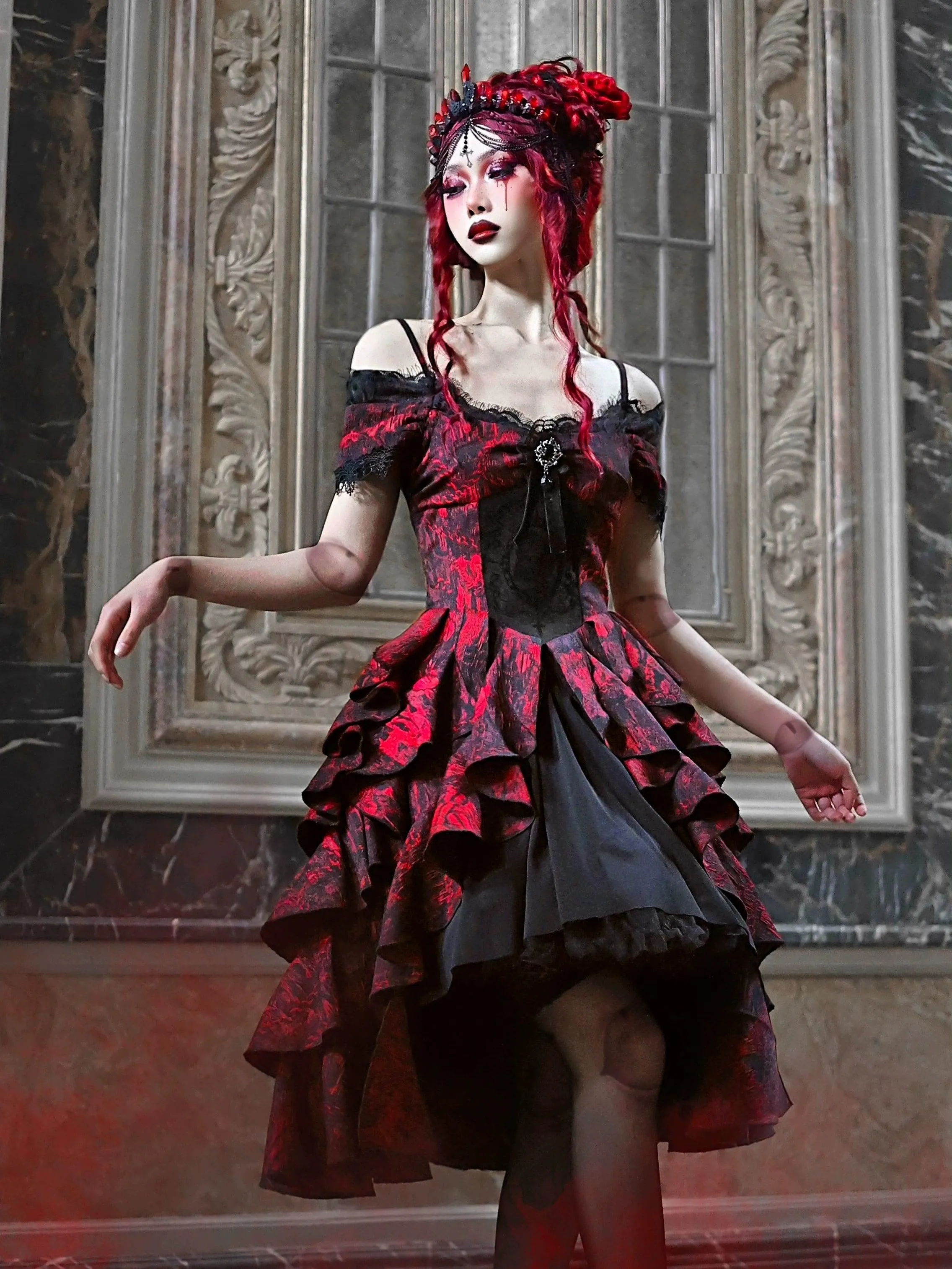 Gothic Victorian-Inspired Off-Shoulder Layered Dress