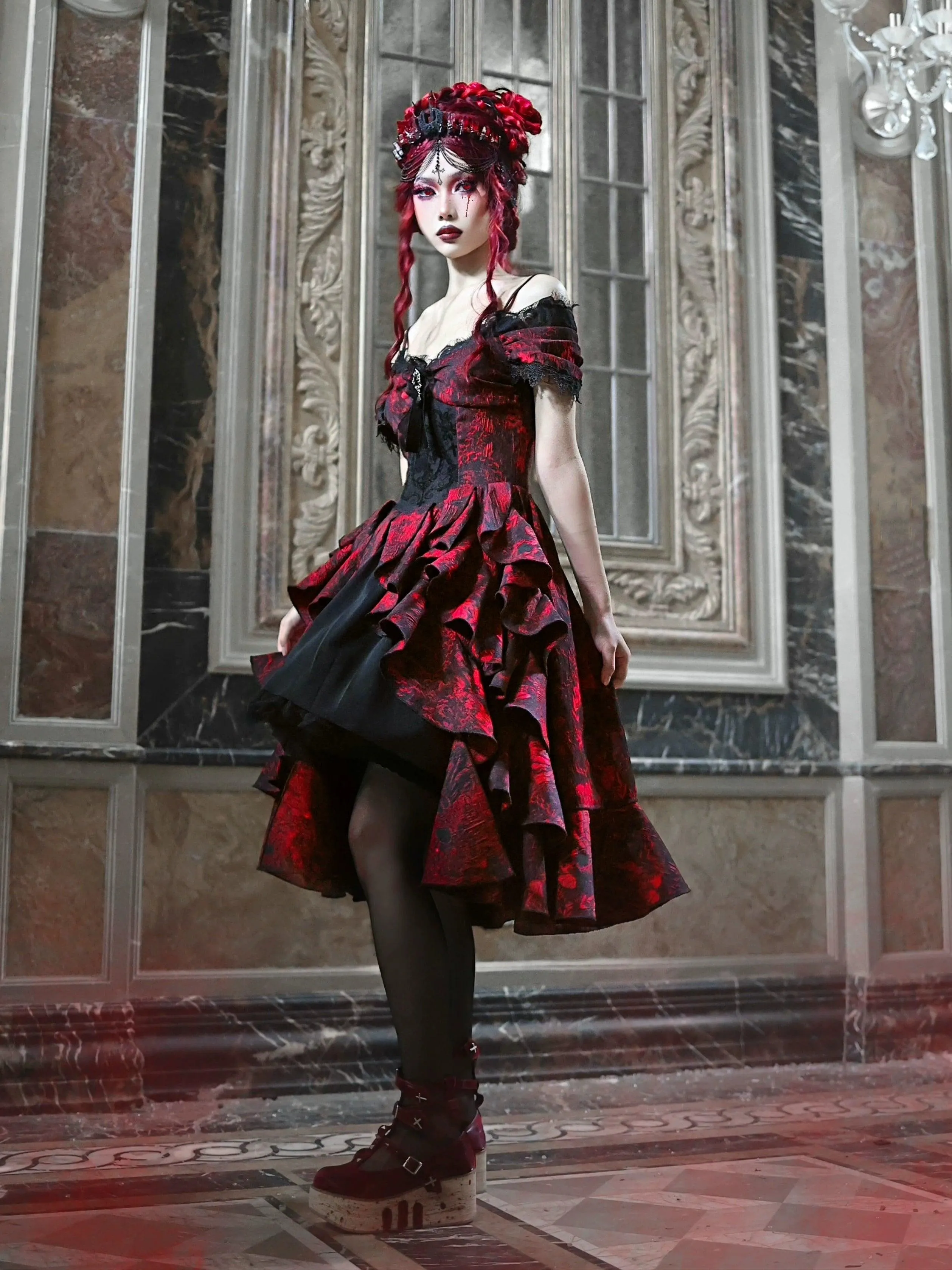 Gothic Victorian-Inspired Off-Shoulder Layered Dress