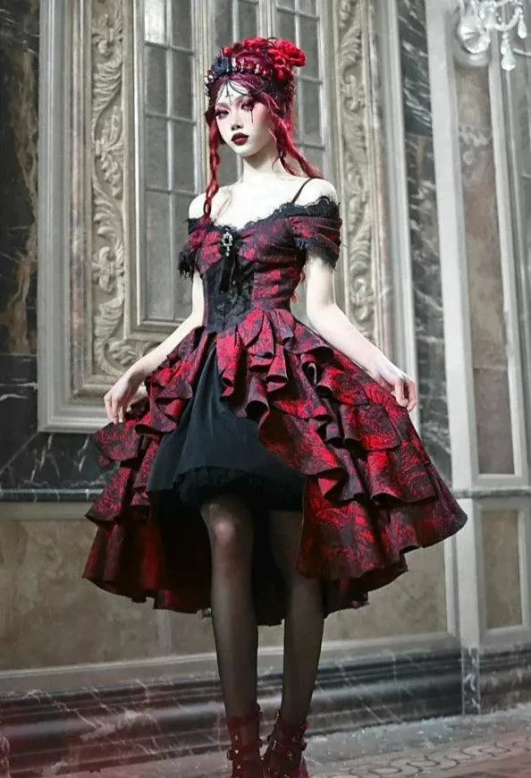 Gothic Victorian-Inspired Off-Shoulder Layered Dress