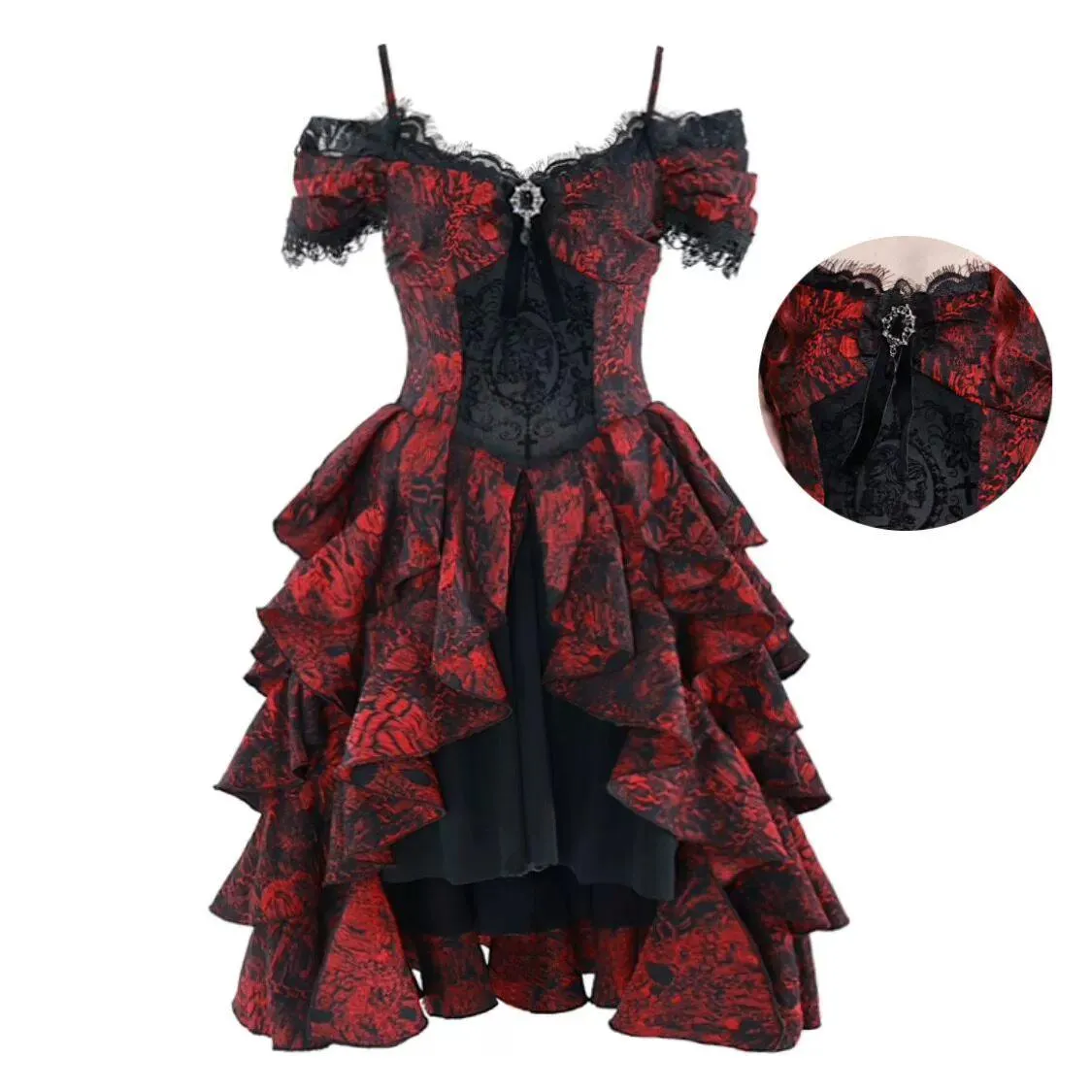 Gothic Victorian-Inspired Off-Shoulder Layered Dress