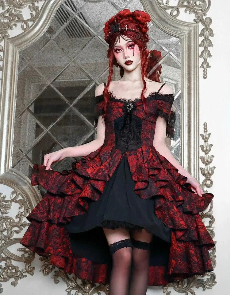 Gothic Victorian-Inspired Off-Shoulder Layered Dress