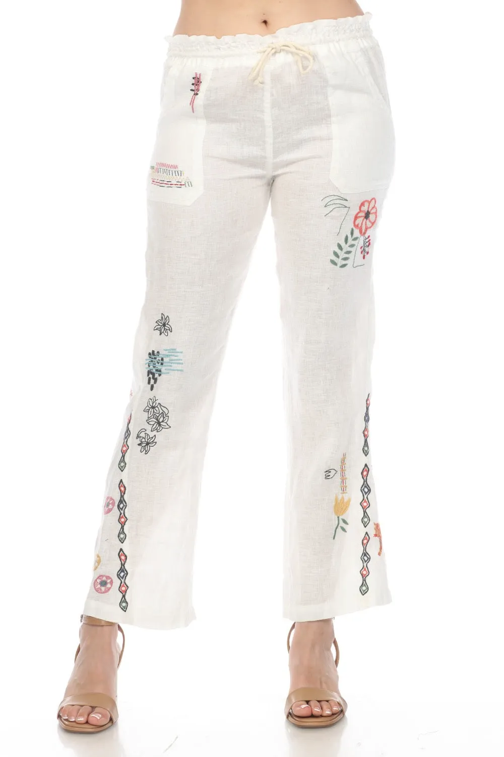 Johnny Was Biya Simmie Linen Embroidered Drawstring Pull On Pants Boho Chic B67524