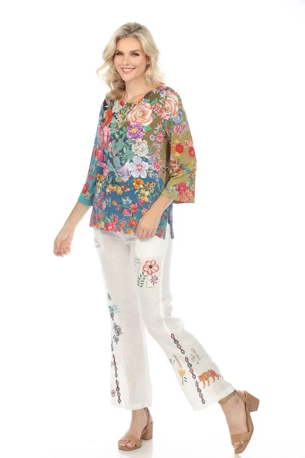 Johnny Was Biya Simmie Linen Embroidered Drawstring Pull On Pants Boho Chic B67524