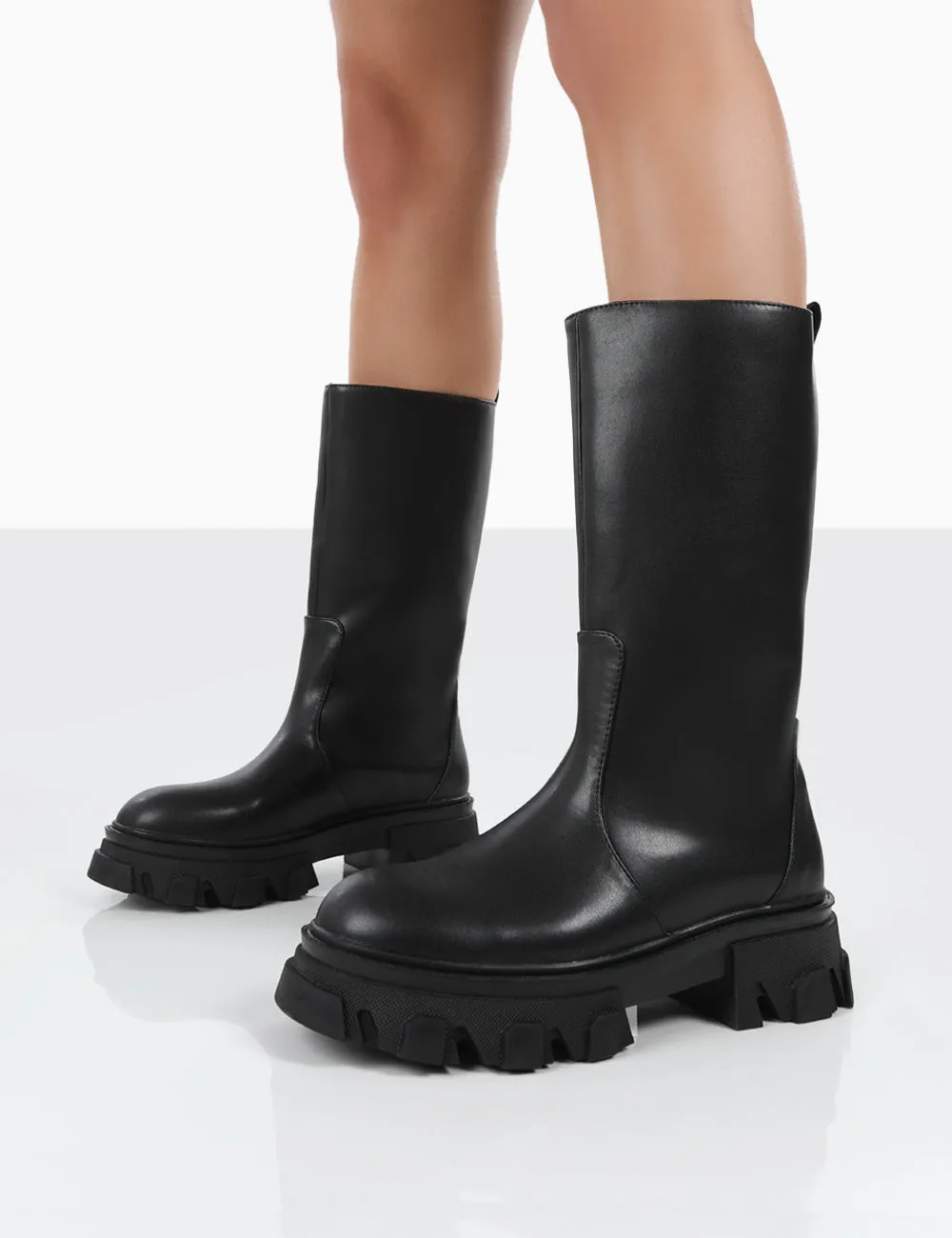 Jolie Black Pu Knee High Chunky Sole Long Boots