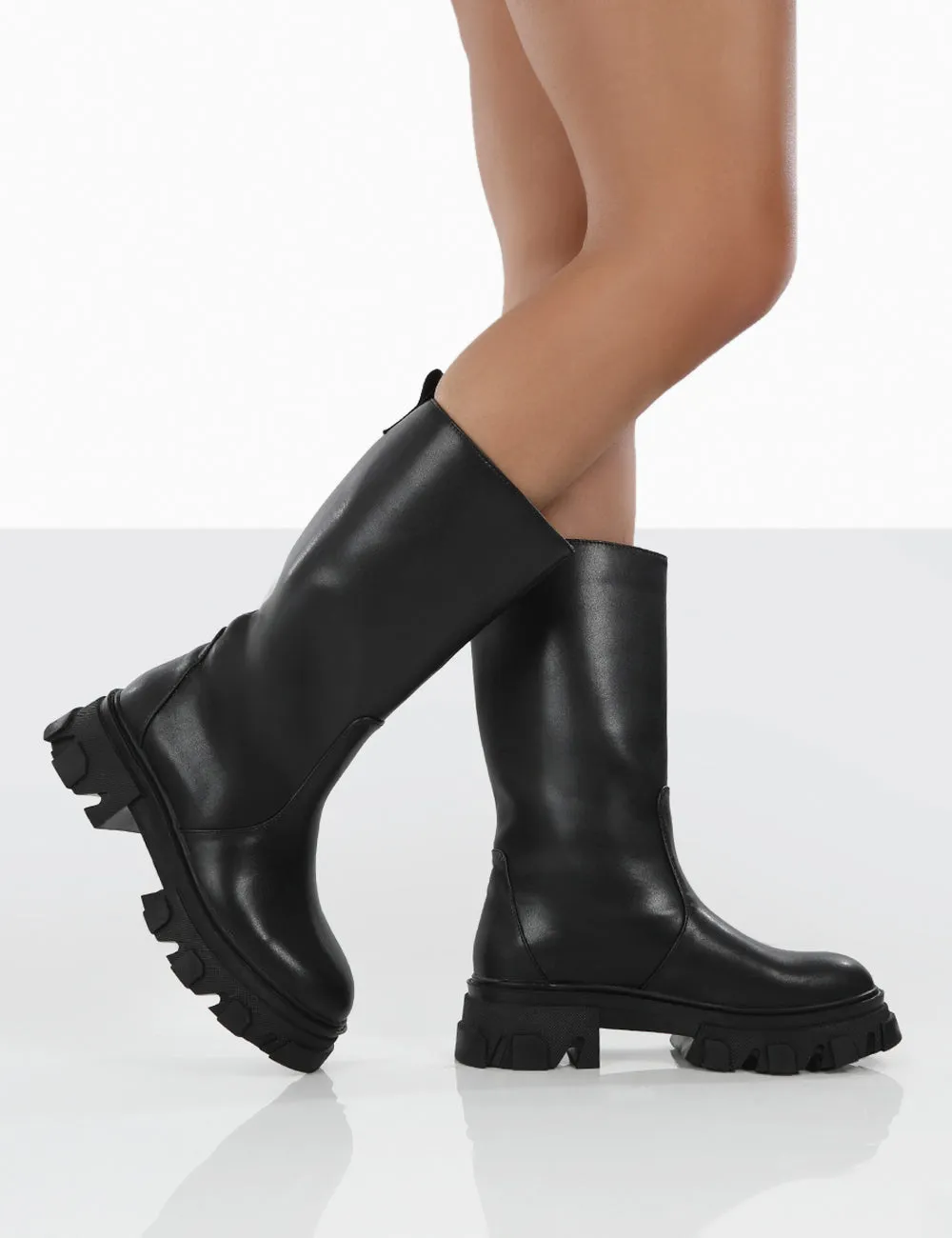 Jolie Black Pu Knee High Chunky Sole Long Boots