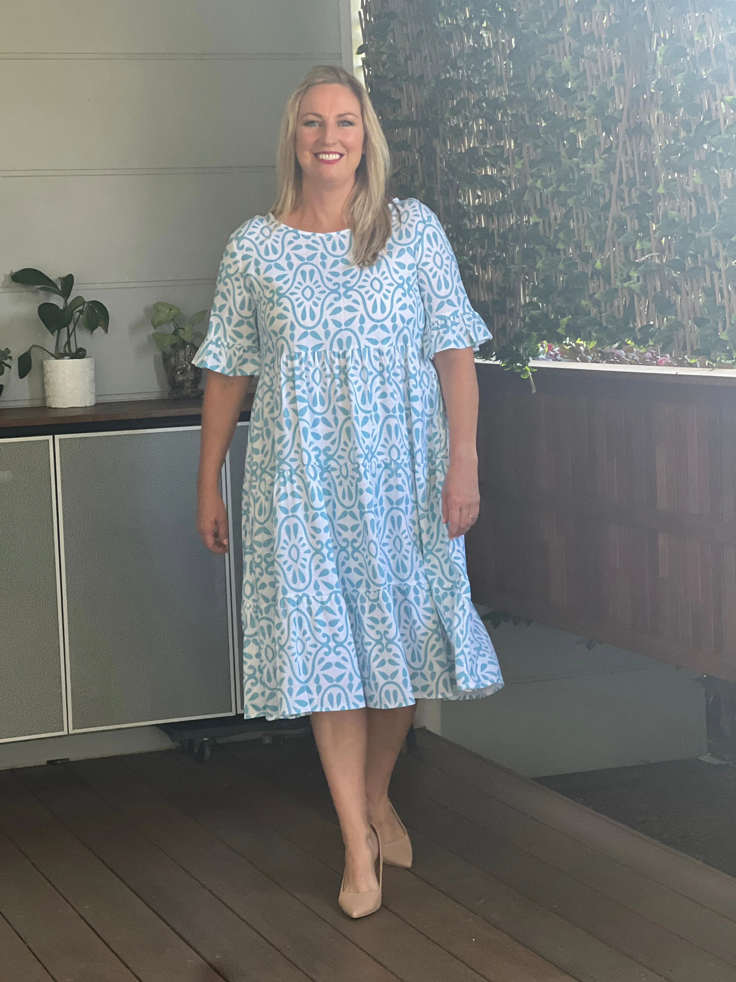 Kane Aqua Abstract Linen Dress