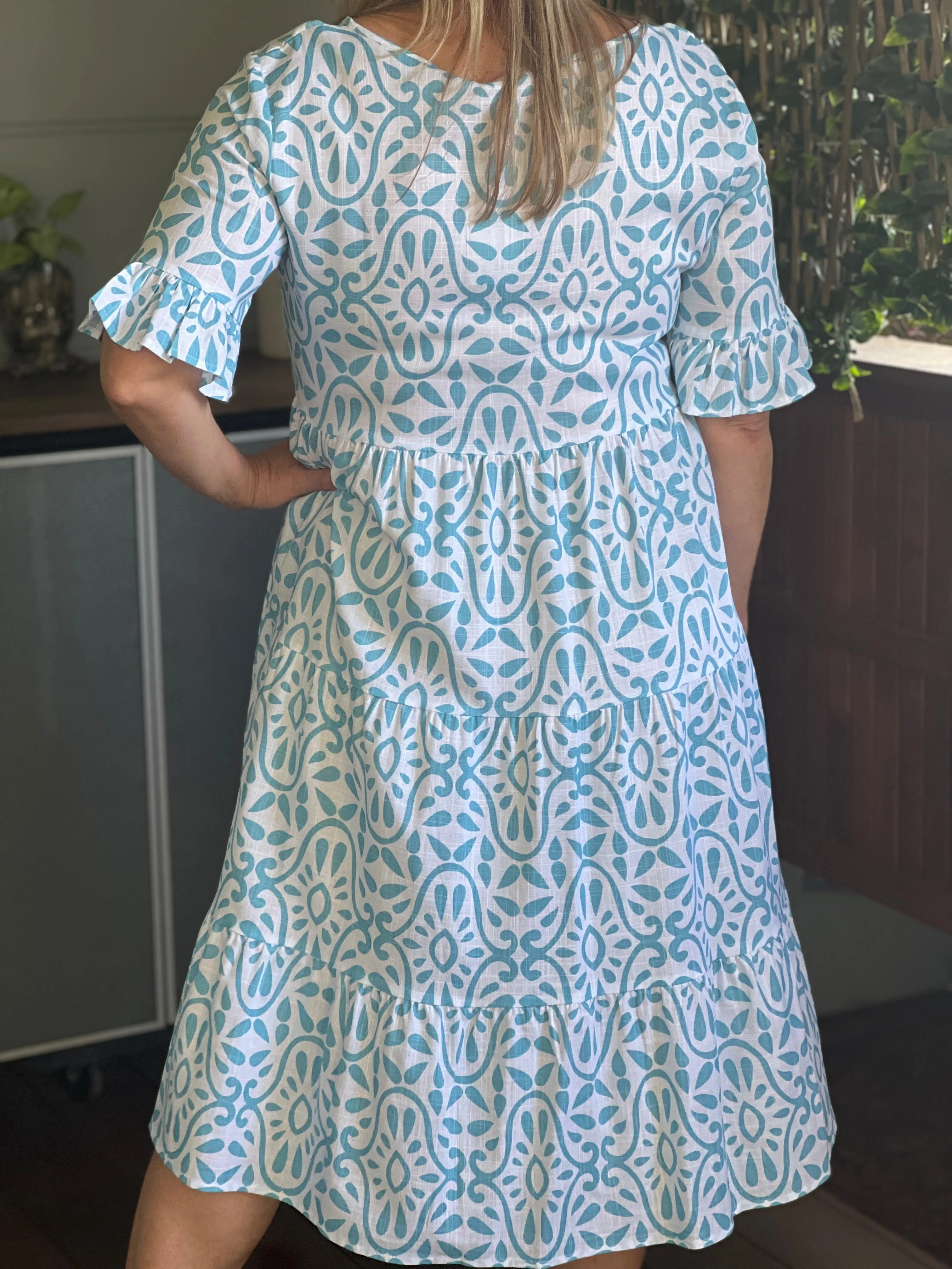 Kane Aqua Abstract Linen Dress