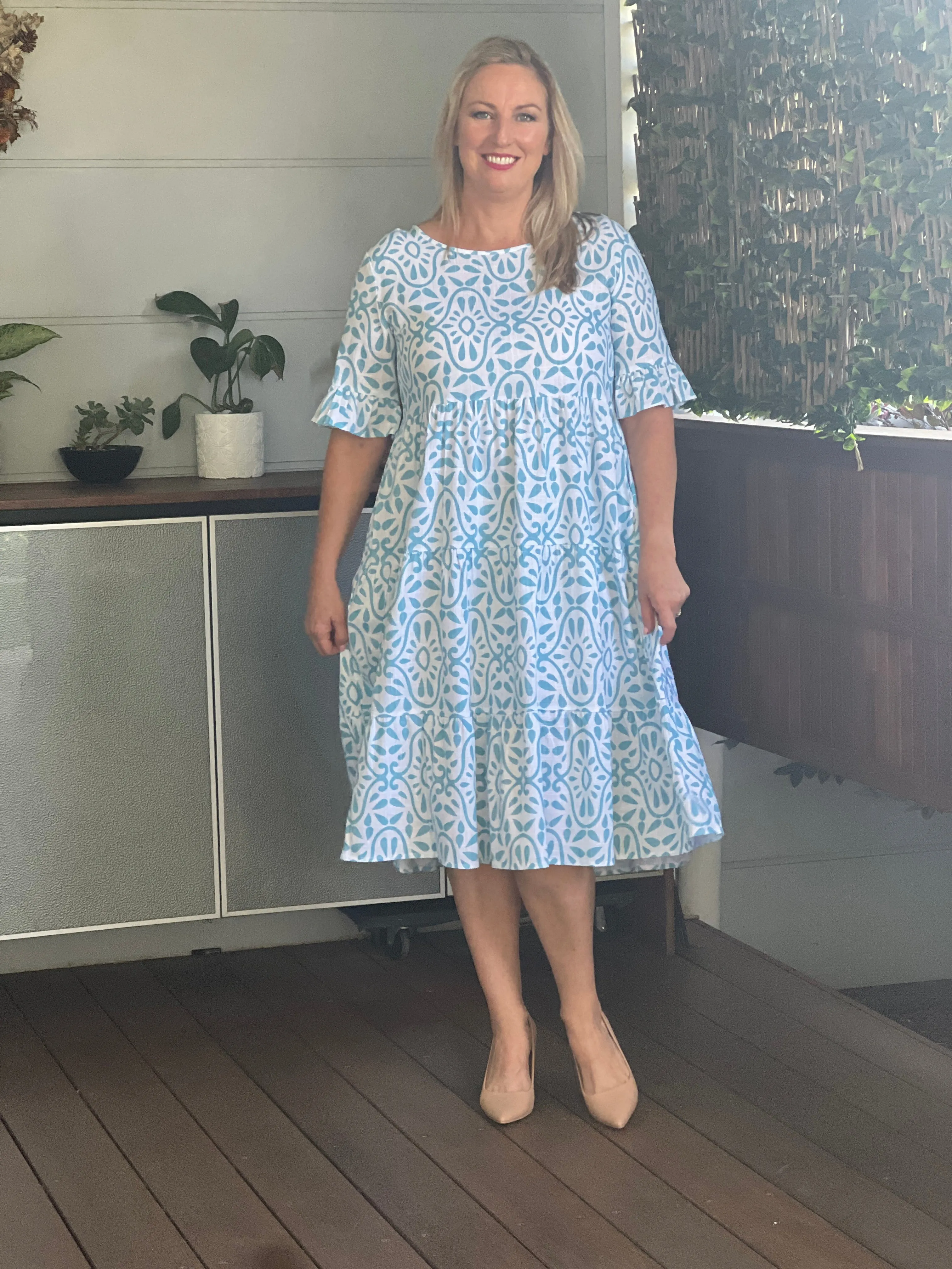 Kane Aqua Abstract Linen Dress