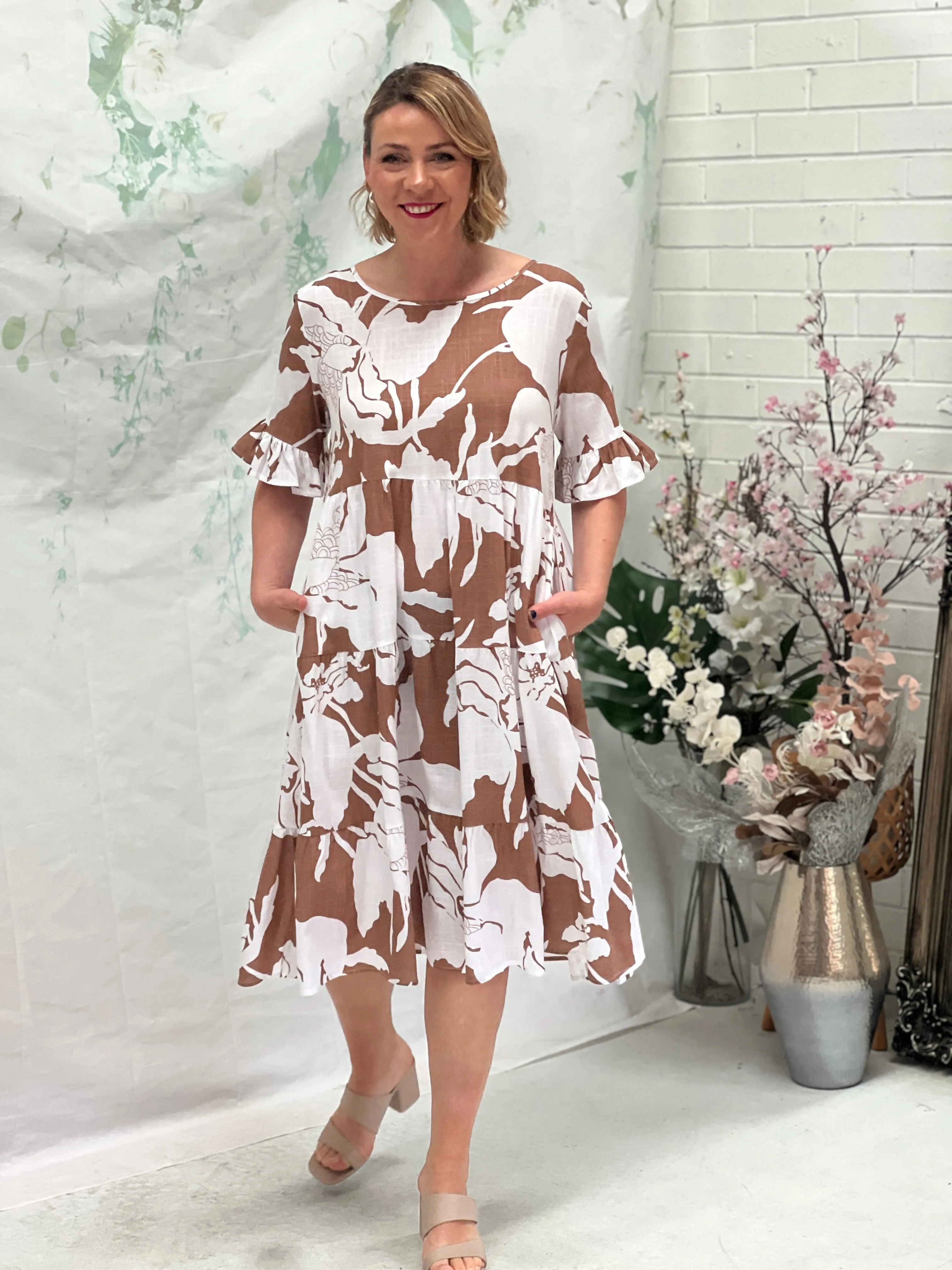 Kane Floral Sand Linen Dress