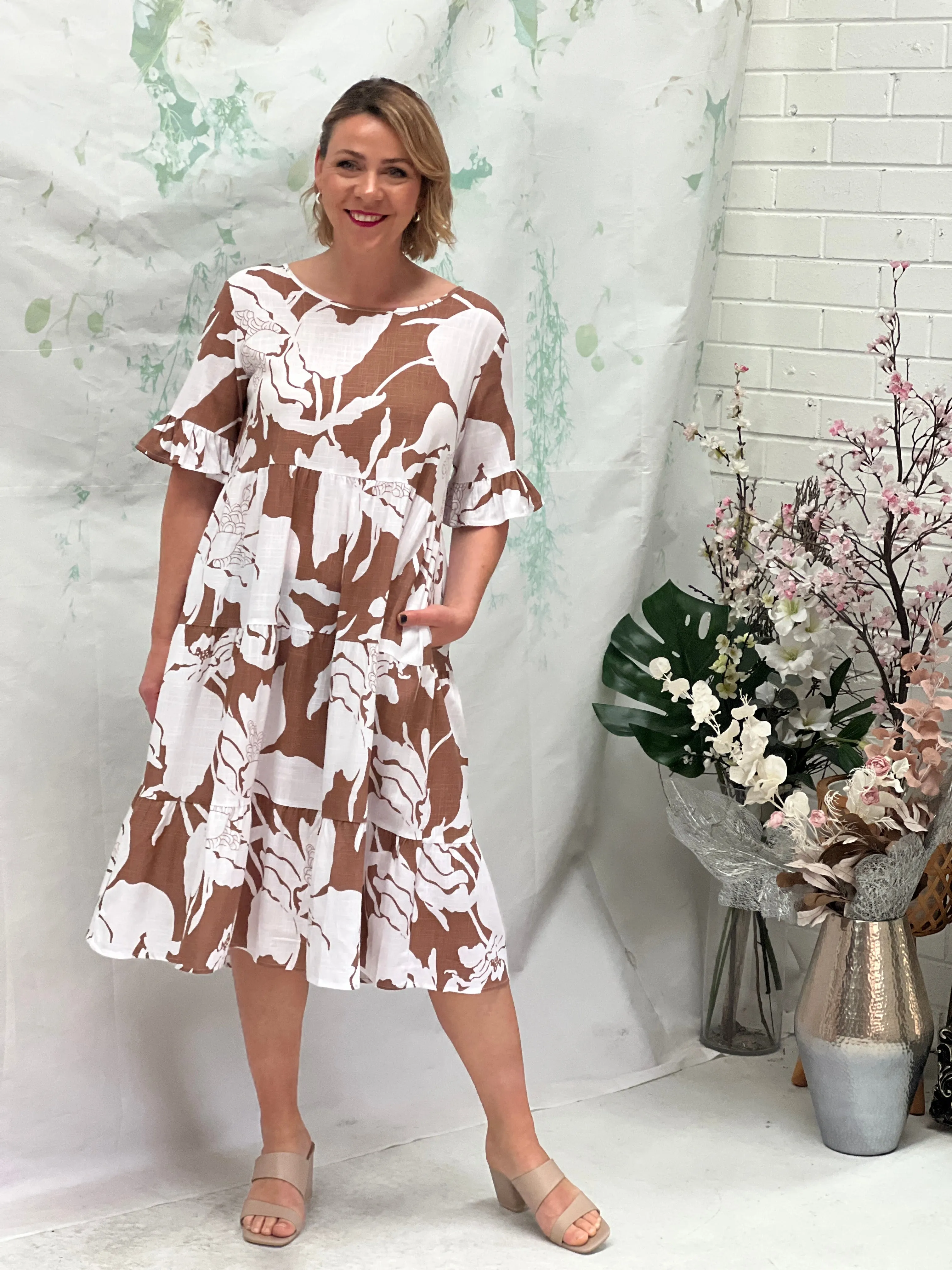 Kane Floral Sand Linen Dress