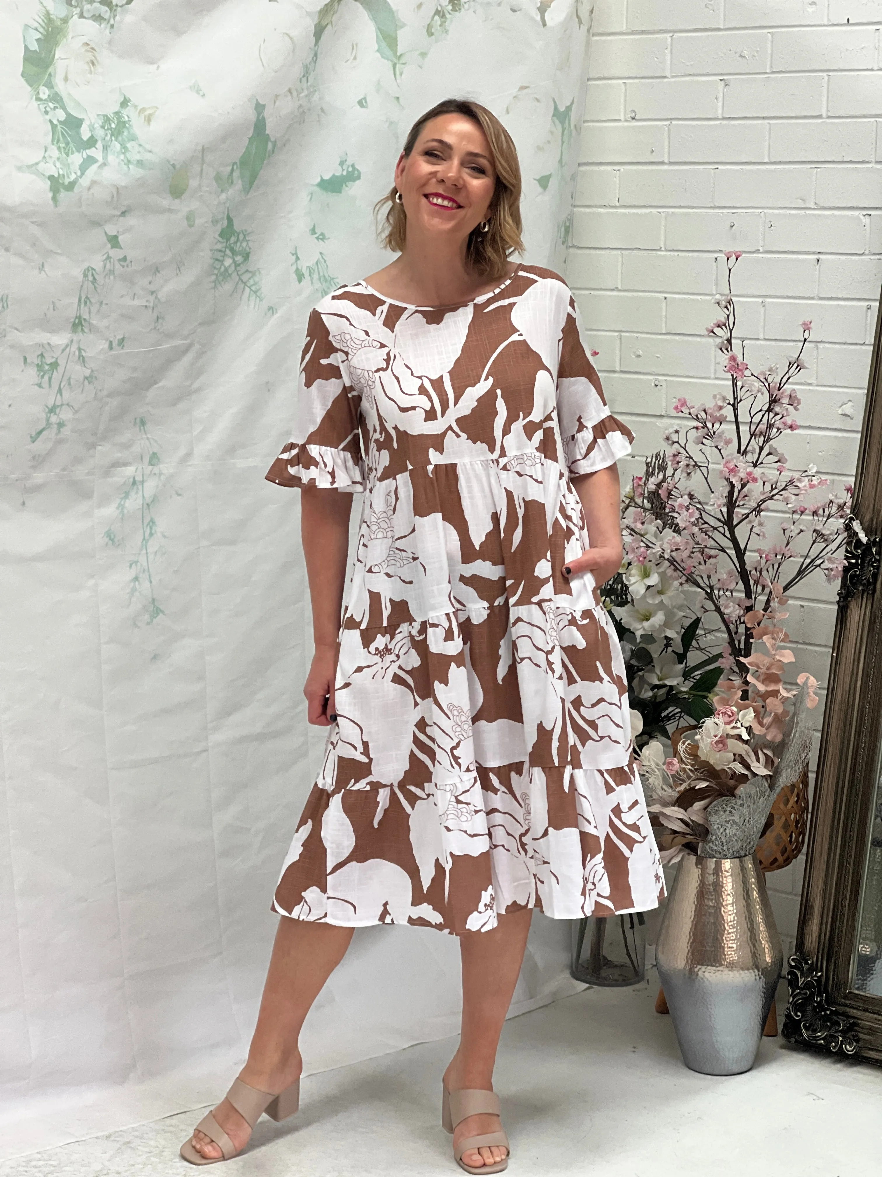 Kane Floral Sand Linen Dress