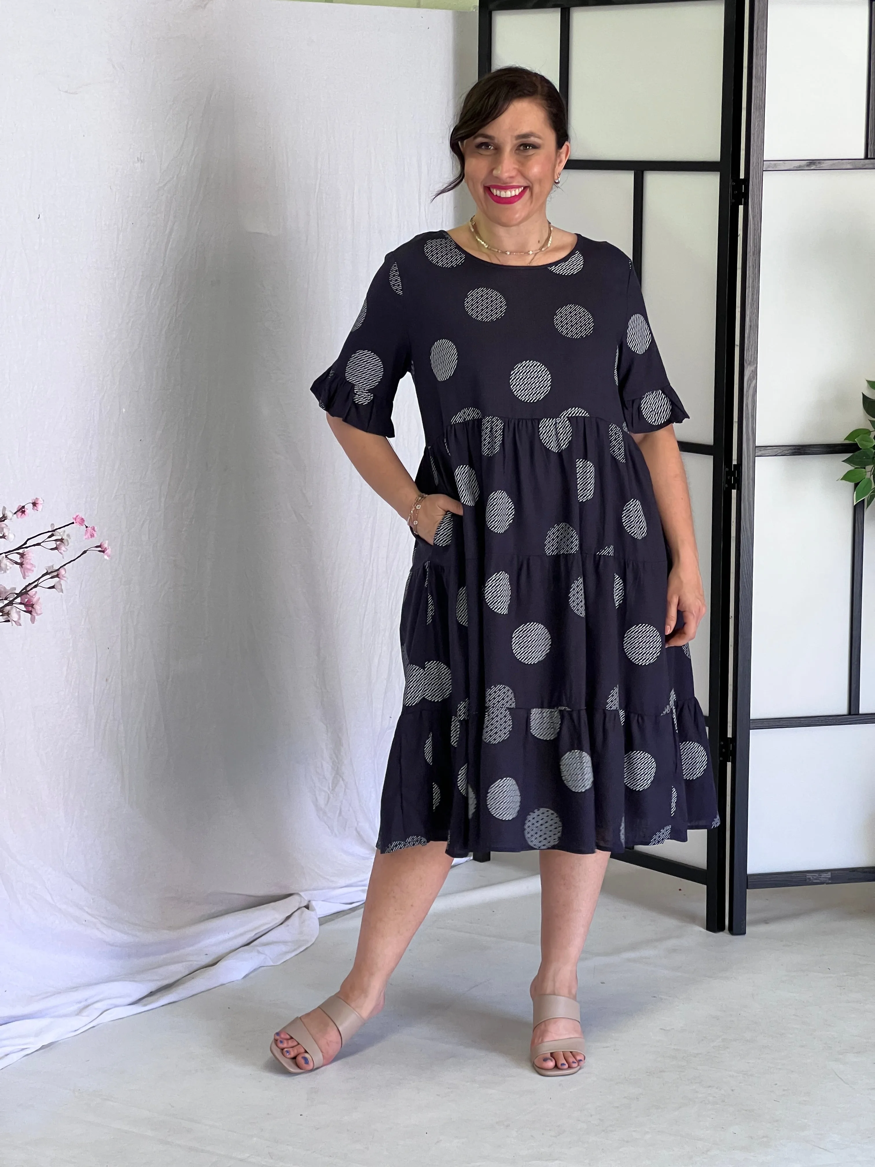 Kane Navy Spot Linen Dress