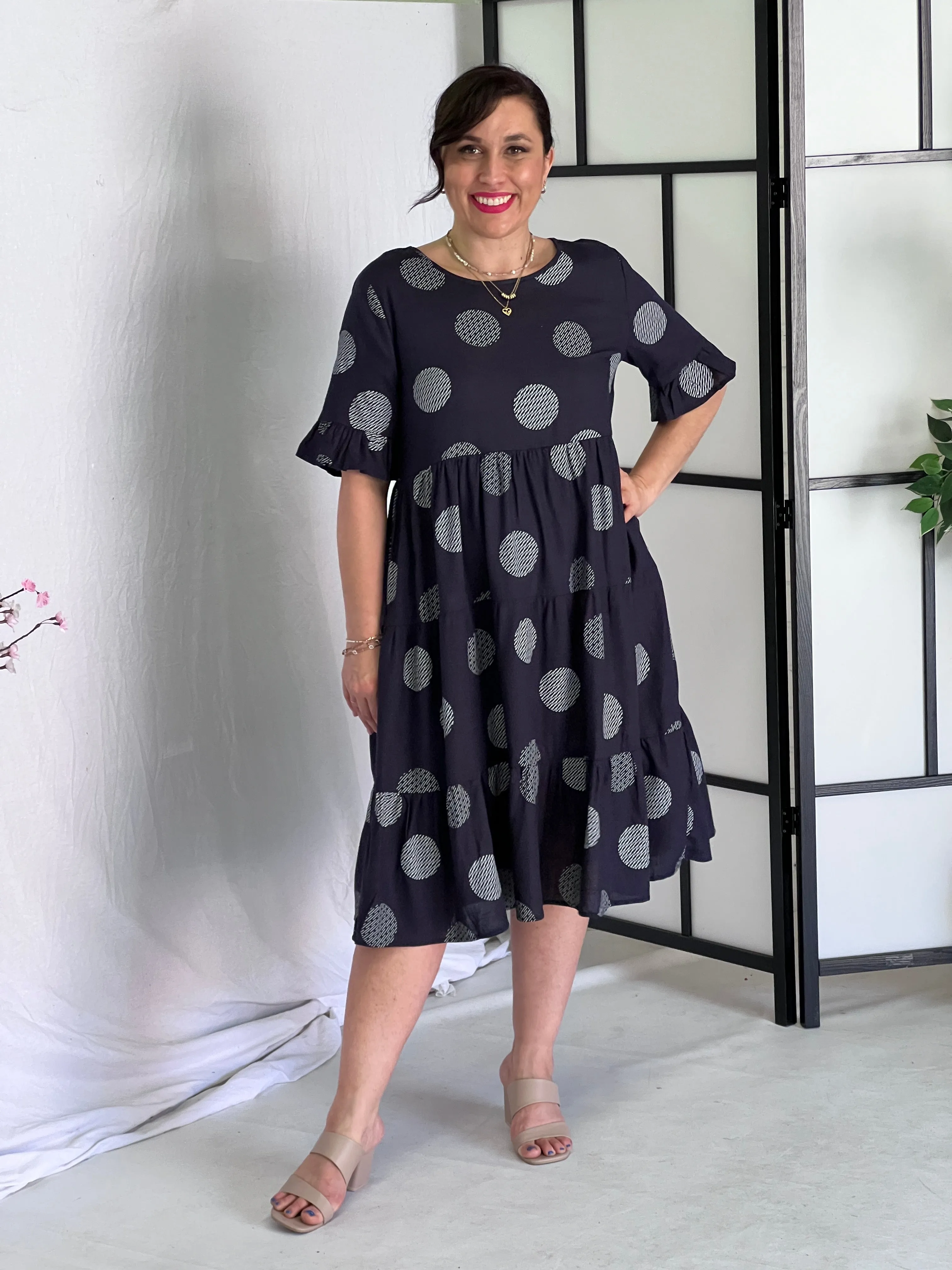 Kane Navy Spot Linen Dress