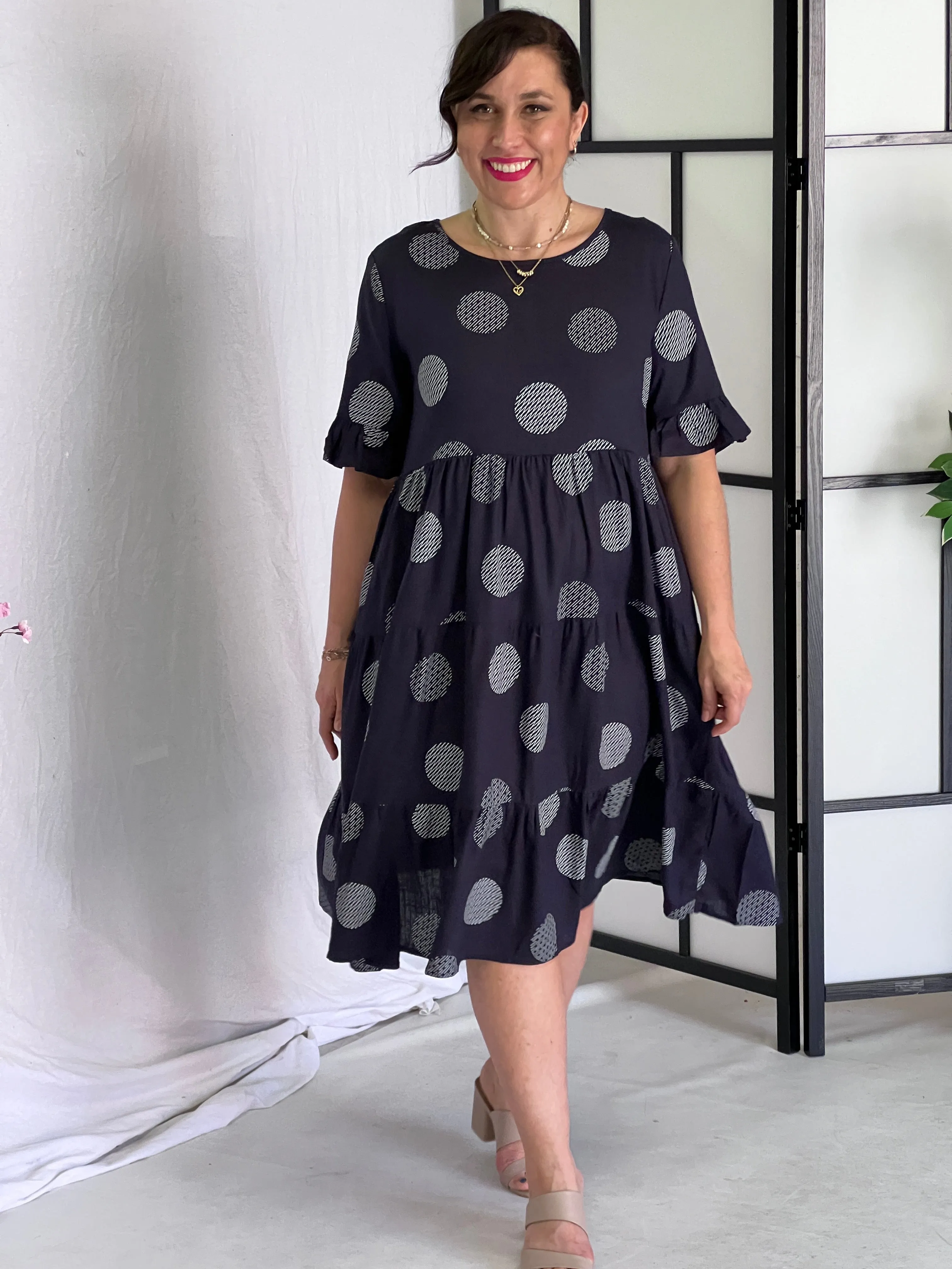 Kane Navy Spot Linen Dress