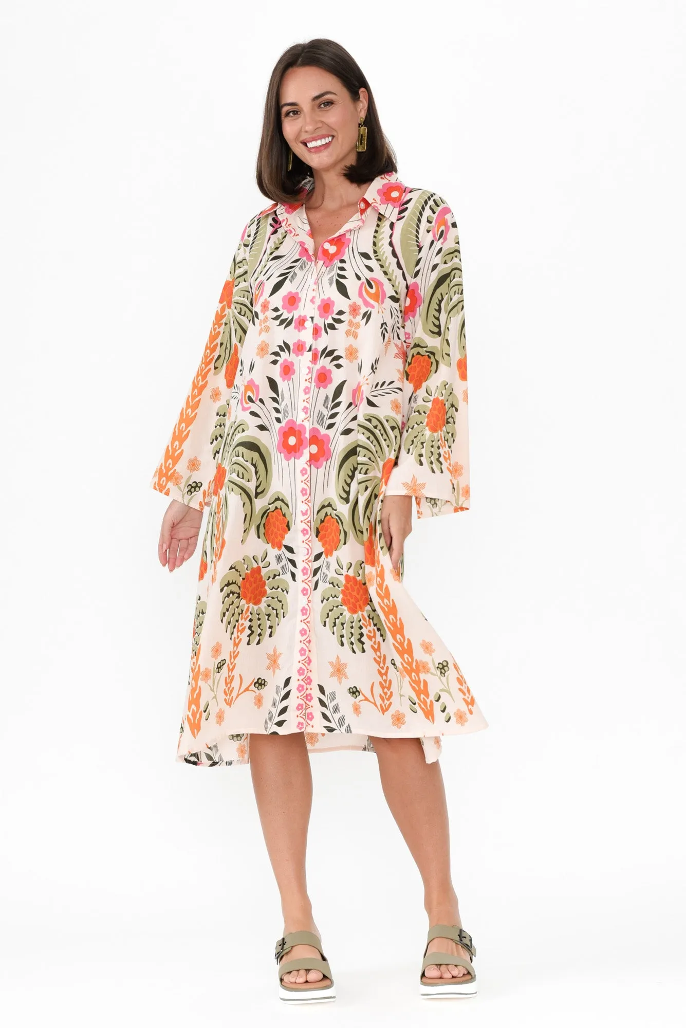 Kaylene Orange Palm Cotton Shirt Dress