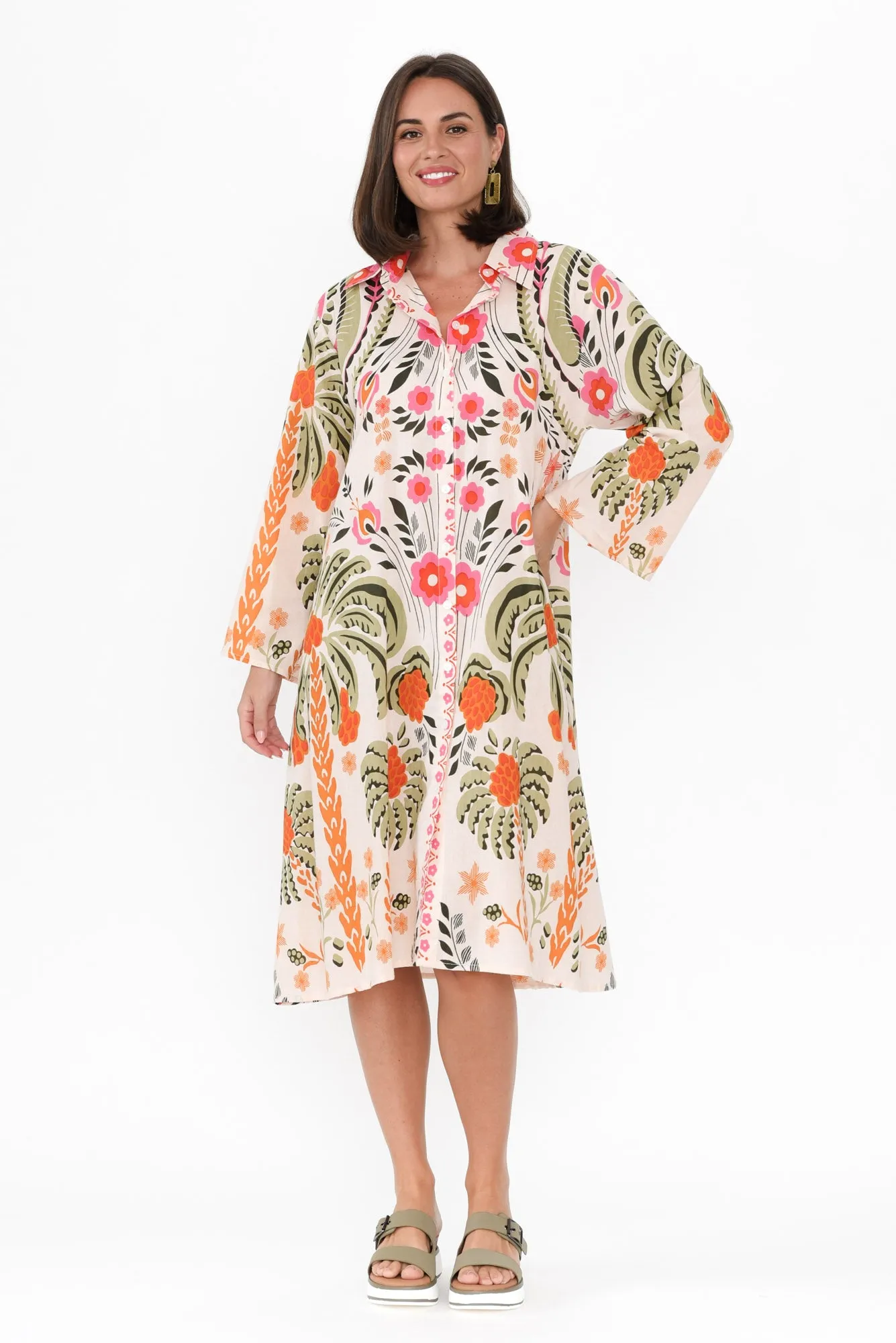 Kaylene Orange Palm Cotton Shirt Dress