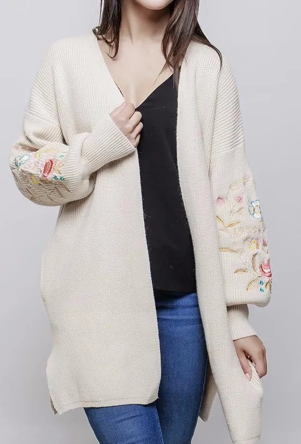 Long Floral Embroidered Cardigan Cream