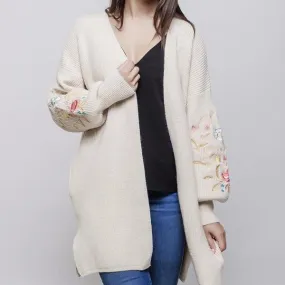 Long Floral Embroidered Cardigan Cream