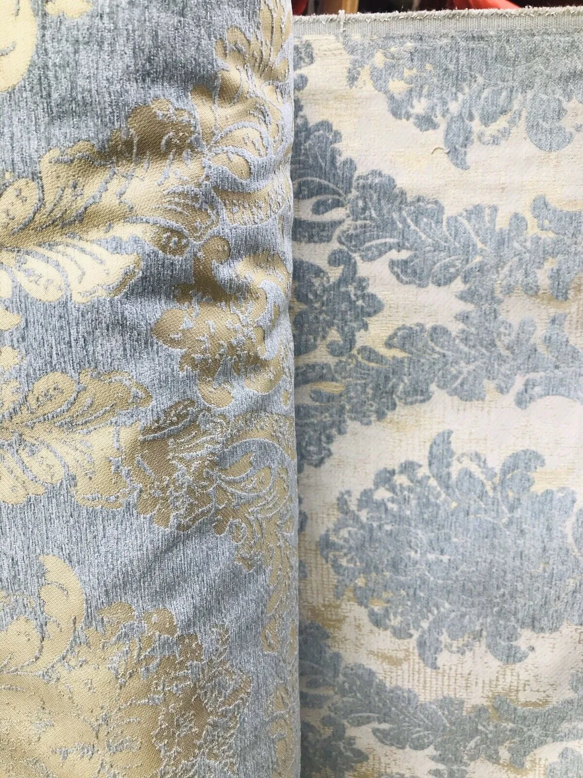 Lord Augustin Designer Velvet Chenille Burnout Medallion Upholstery Fabric - Blue & Gold