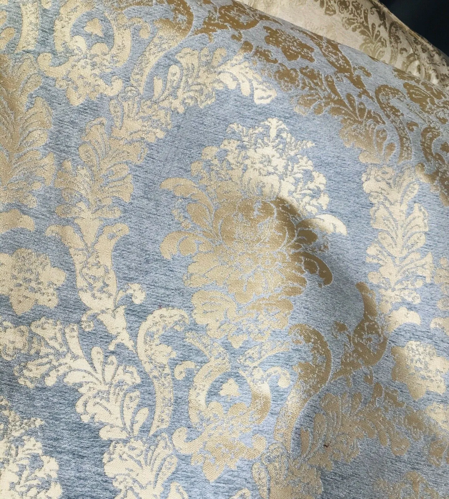 Lord Augustin Designer Velvet Chenille Burnout Medallion Upholstery Fabric - Blue & Gold