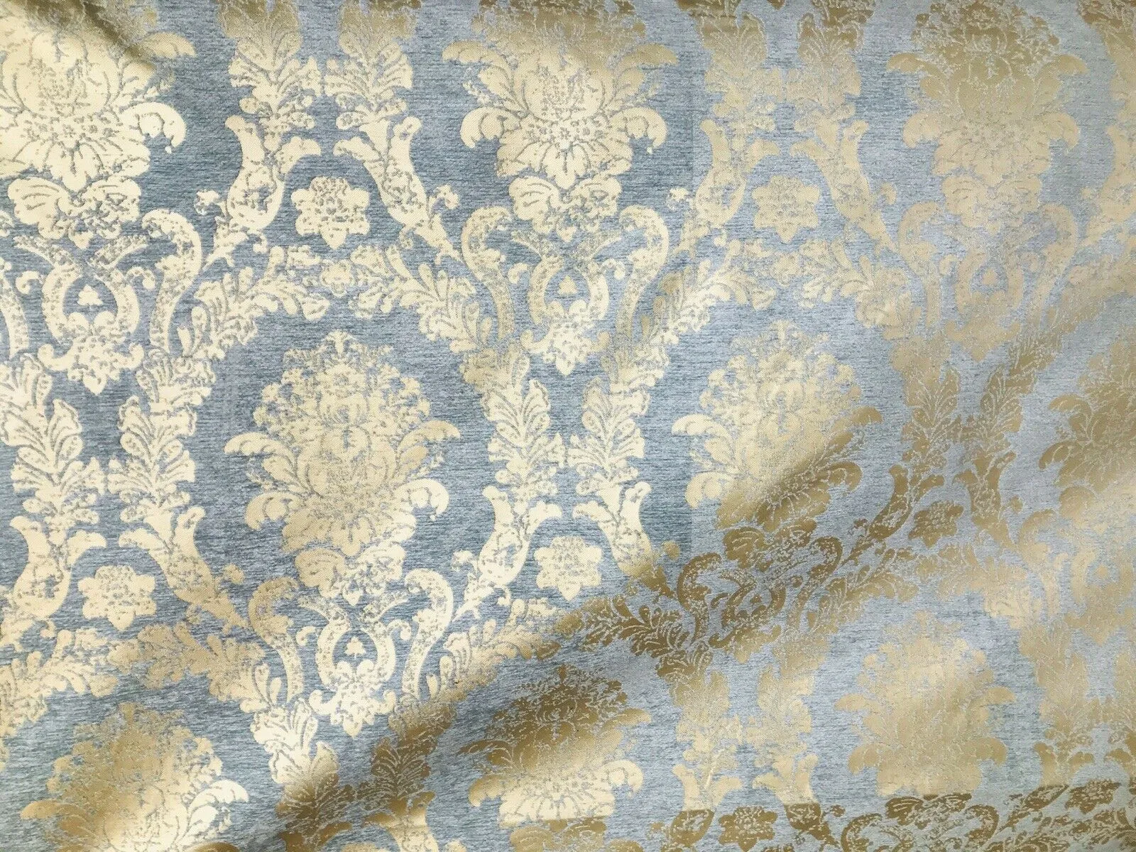 Lord Augustin Designer Velvet Chenille Burnout Medallion Upholstery Fabric - Blue & Gold