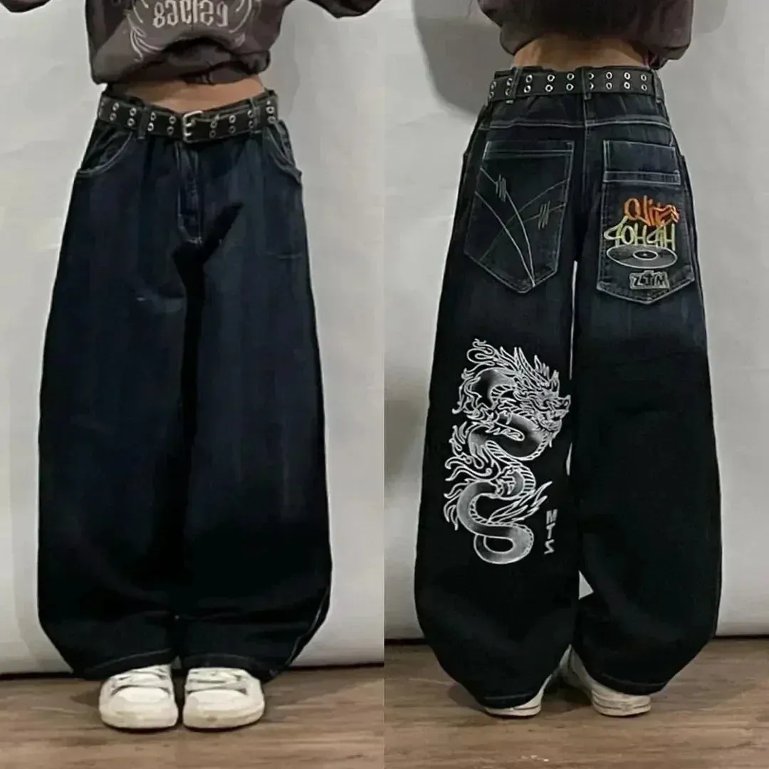 LVSANW American Hip Hop Retro Gothic Print Jeans Women Y2K New Street Selling Fashion Loose Straight Wide Leg Pants Unisex Joker Jeans