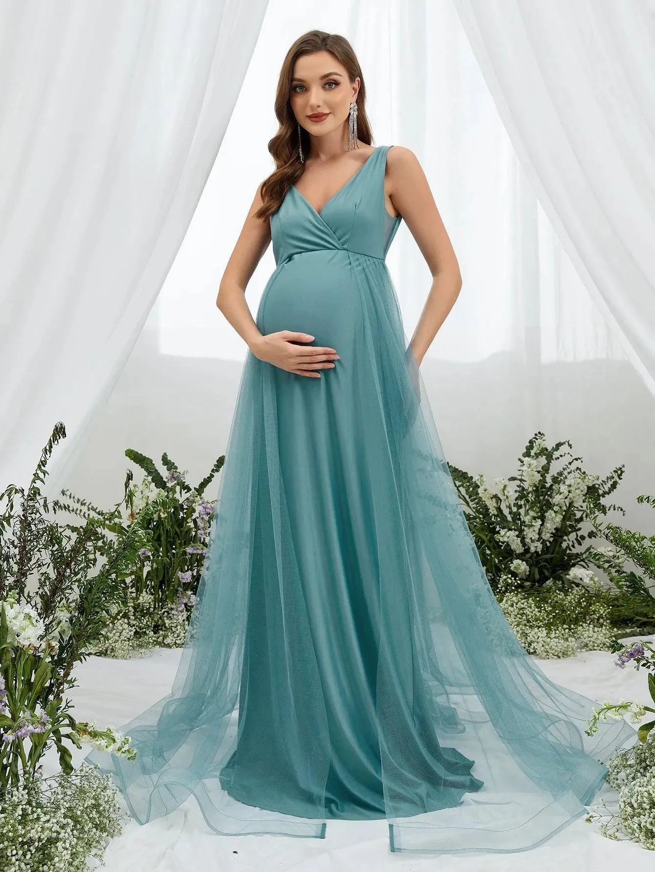 Maternity Backless Surplice Neck Mesh Overlay Dress