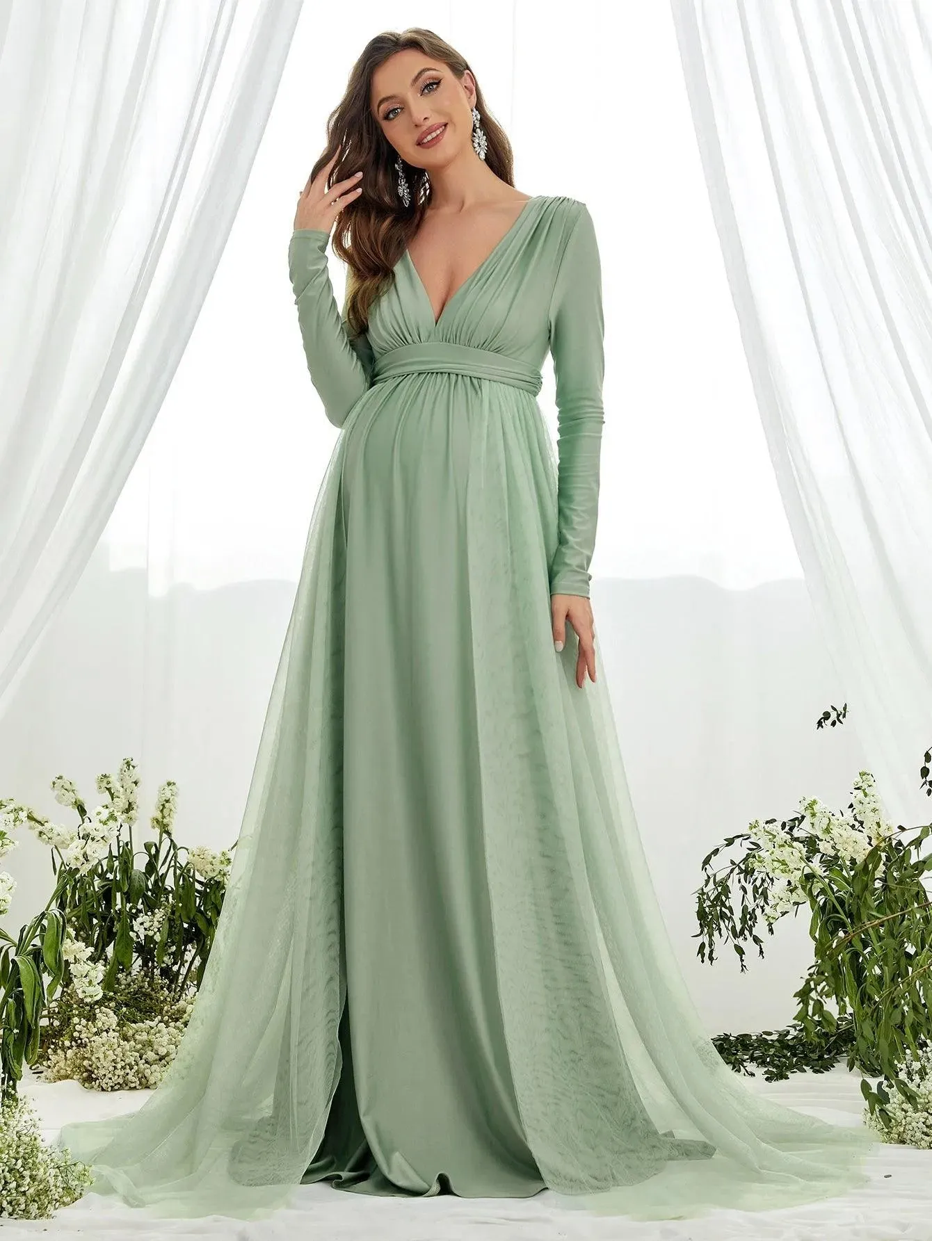 Maternity Plunging Neck Long Sleeve Contrast Mesh Formal Dress