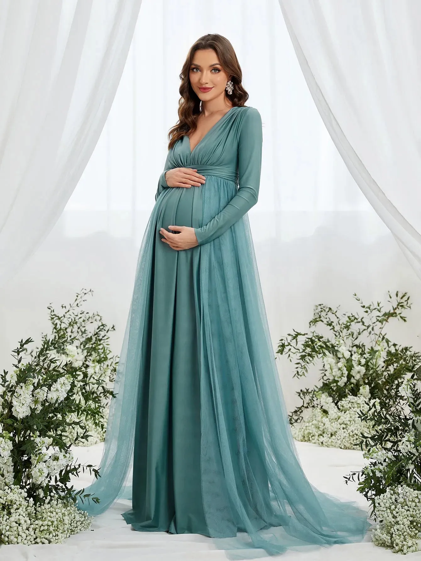 Maternity Plunging Neck Long Sleeve Contrast Mesh Formal Dress