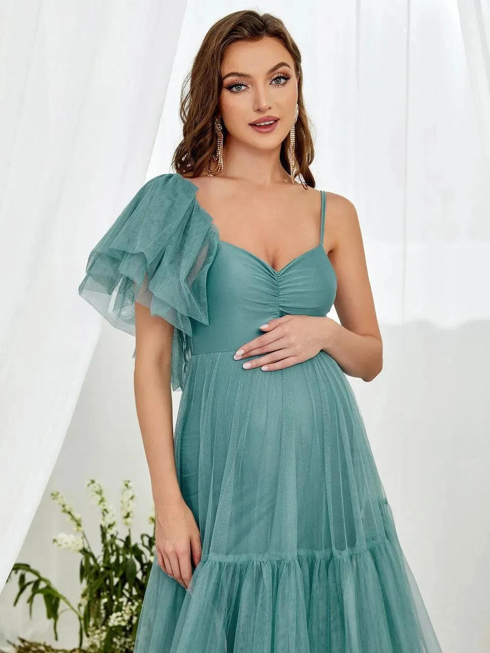 Maternity Ruched Bust Layered Hem Mesh Ruffle Cami Dress