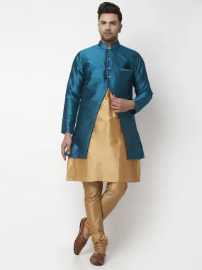 Men's Copper Kurta With Pyjama & Peacock Blue Self Design Jacket - Benstoke