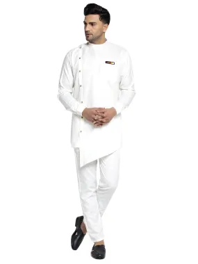 Men's Cotton White Asymmetric Solid Kurta With Trousers - Benstoke