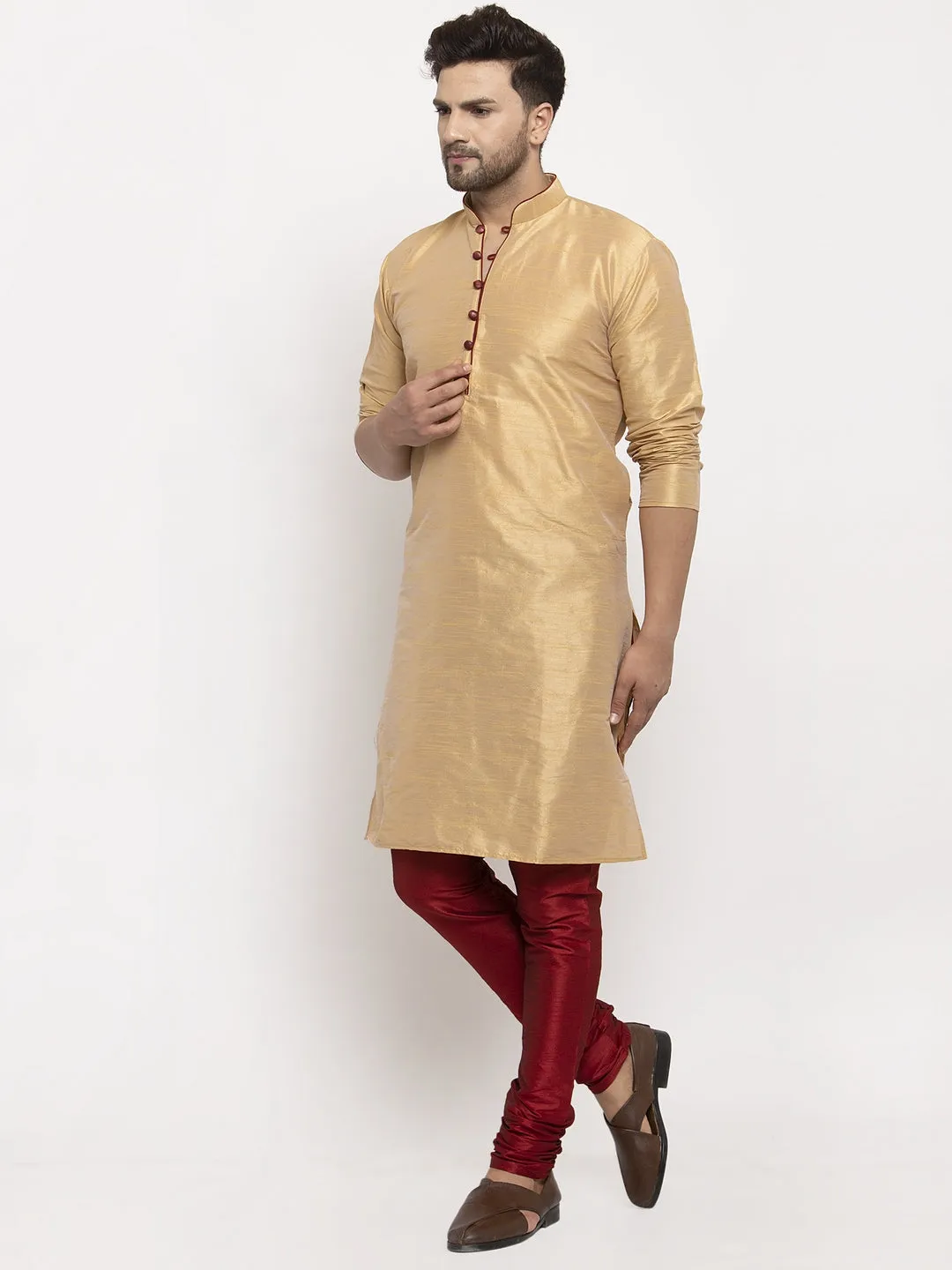 Men's Gold Solid Kurta With Maroon Churidaar Pyjama - Benstoke