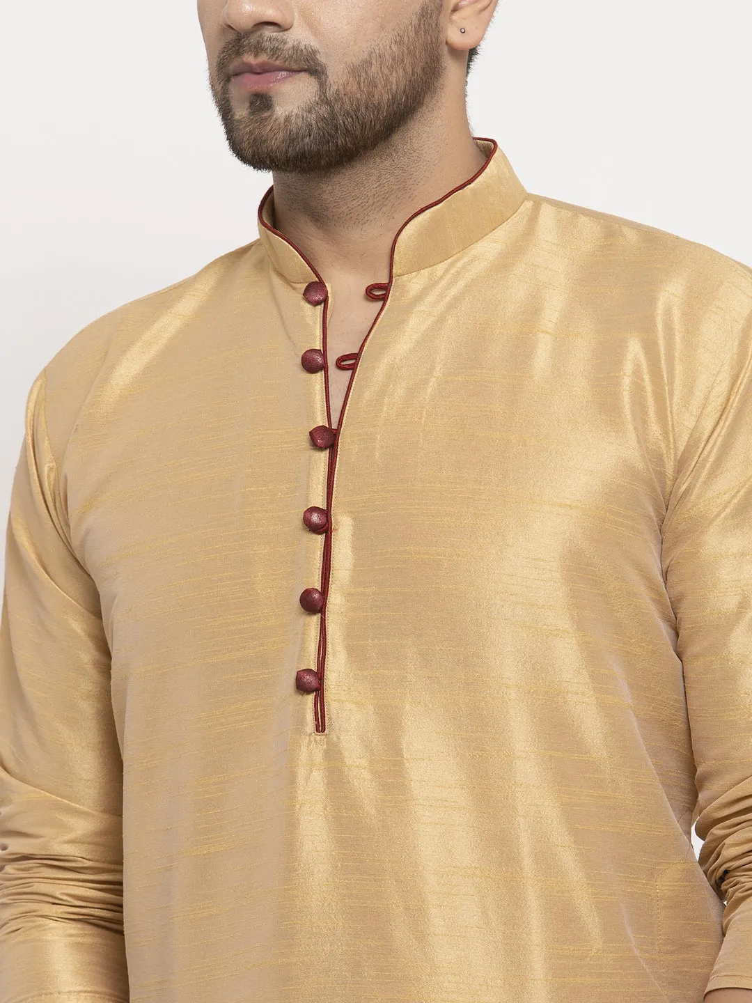 Men's Gold Solid Kurta With Maroon Churidaar Pyjama - Benstoke