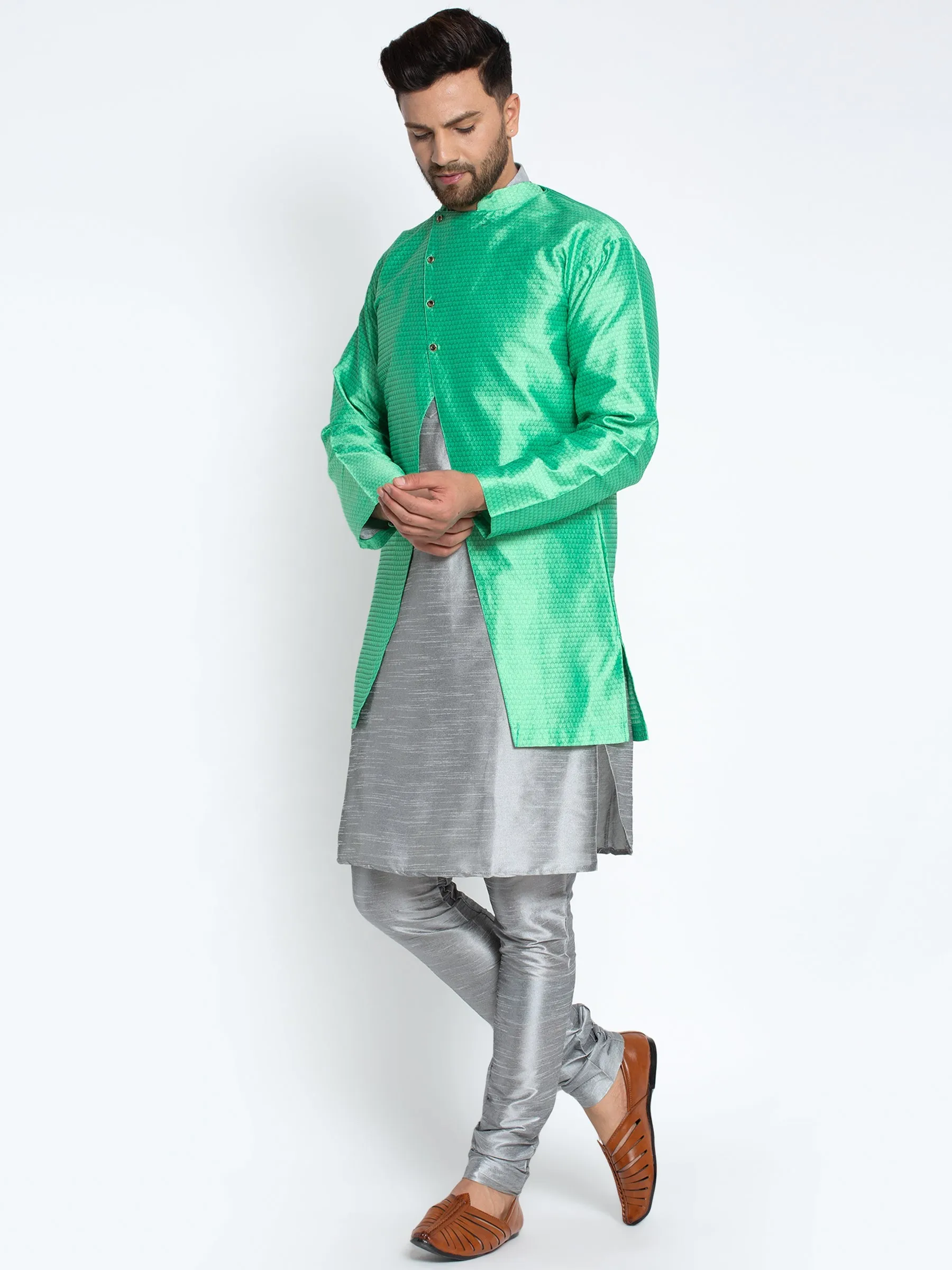 Men's Grey Kurta With Pyjama & Sea Green Self Design Jacket - Benstoke