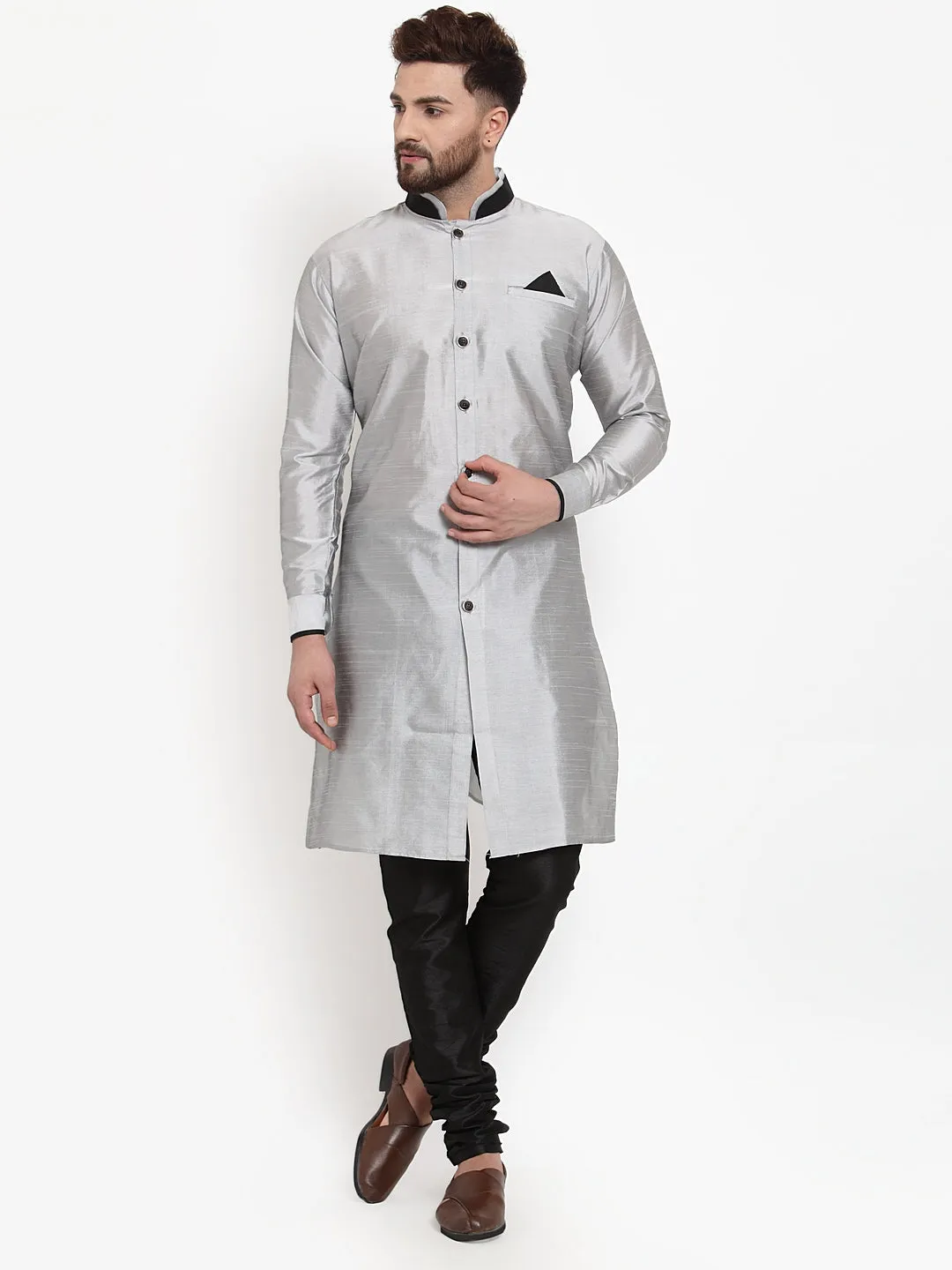 Men's Grey Solid Kurta With Black Churidaar Pyjama Set - Benstoke