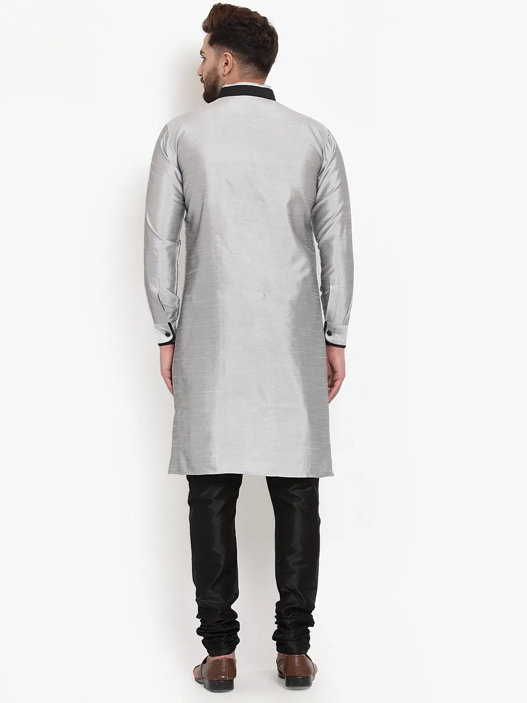 Men's Grey Solid Kurta With Black Churidaar Pyjama Set - Benstoke