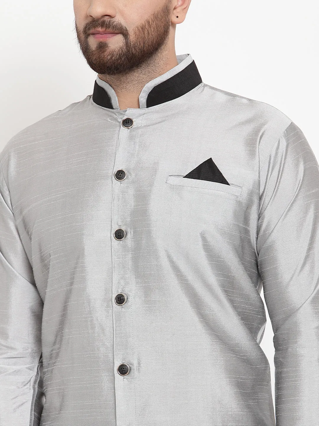 Men's Grey Solid Kurta With Black Churidaar Pyjama Set - Benstoke