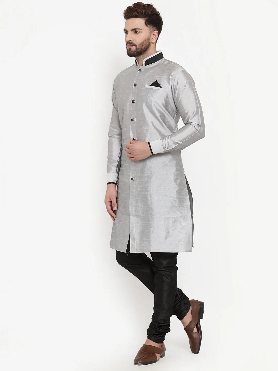 Men's Grey Solid Kurta With Black Churidaar Pyjama Set - Benstoke